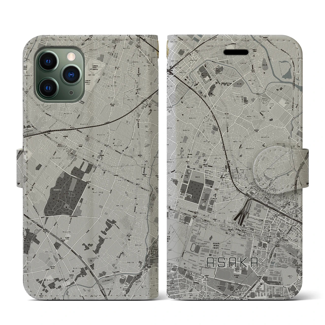 【朝霞(埼玉県)】地図柄iPhoneケース(手帳タイプ)モノトーン・iPhone 11 Pro 用