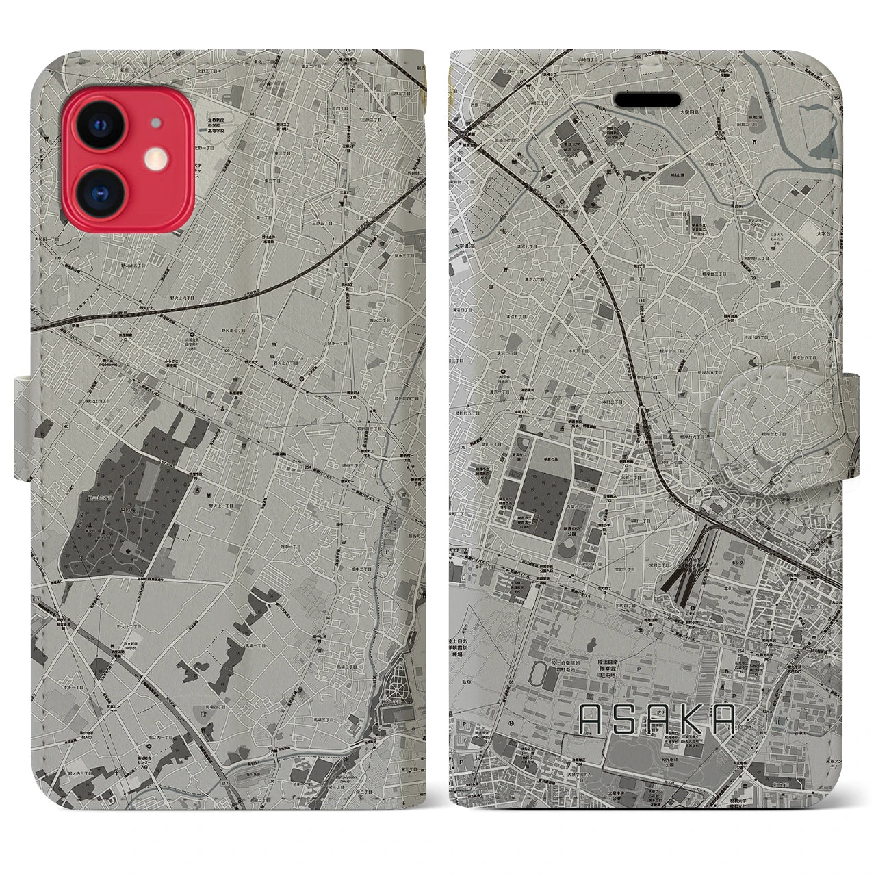【朝霞(埼玉県)】地図柄iPhoneケース(手帳タイプ)モノトーン・iPhone 11 用