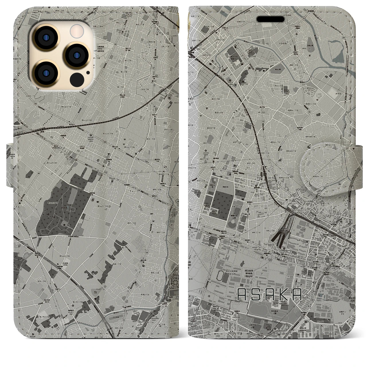 【朝霞(埼玉県)】地図柄iPhoneケース(手帳タイプ)モノトーン・iPhone 12 Pro Max 用