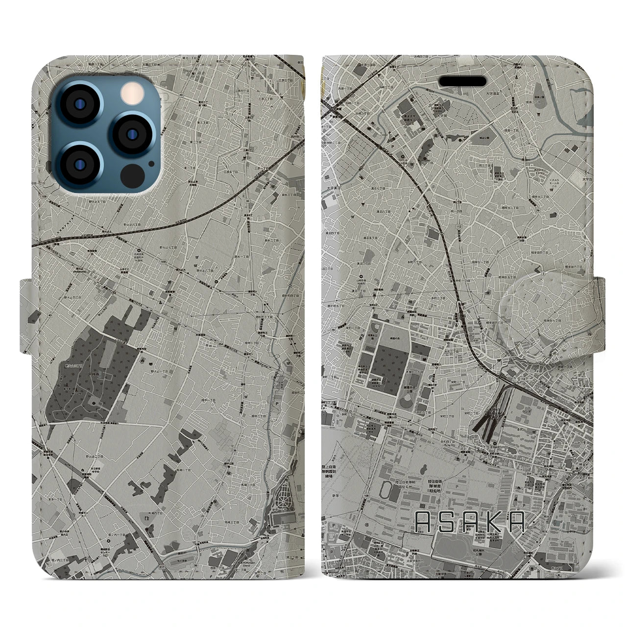 【朝霞(埼玉県)】地図柄iPhoneケース(手帳タイプ)モノトーン・iPhone 12 / 12 Pro 用