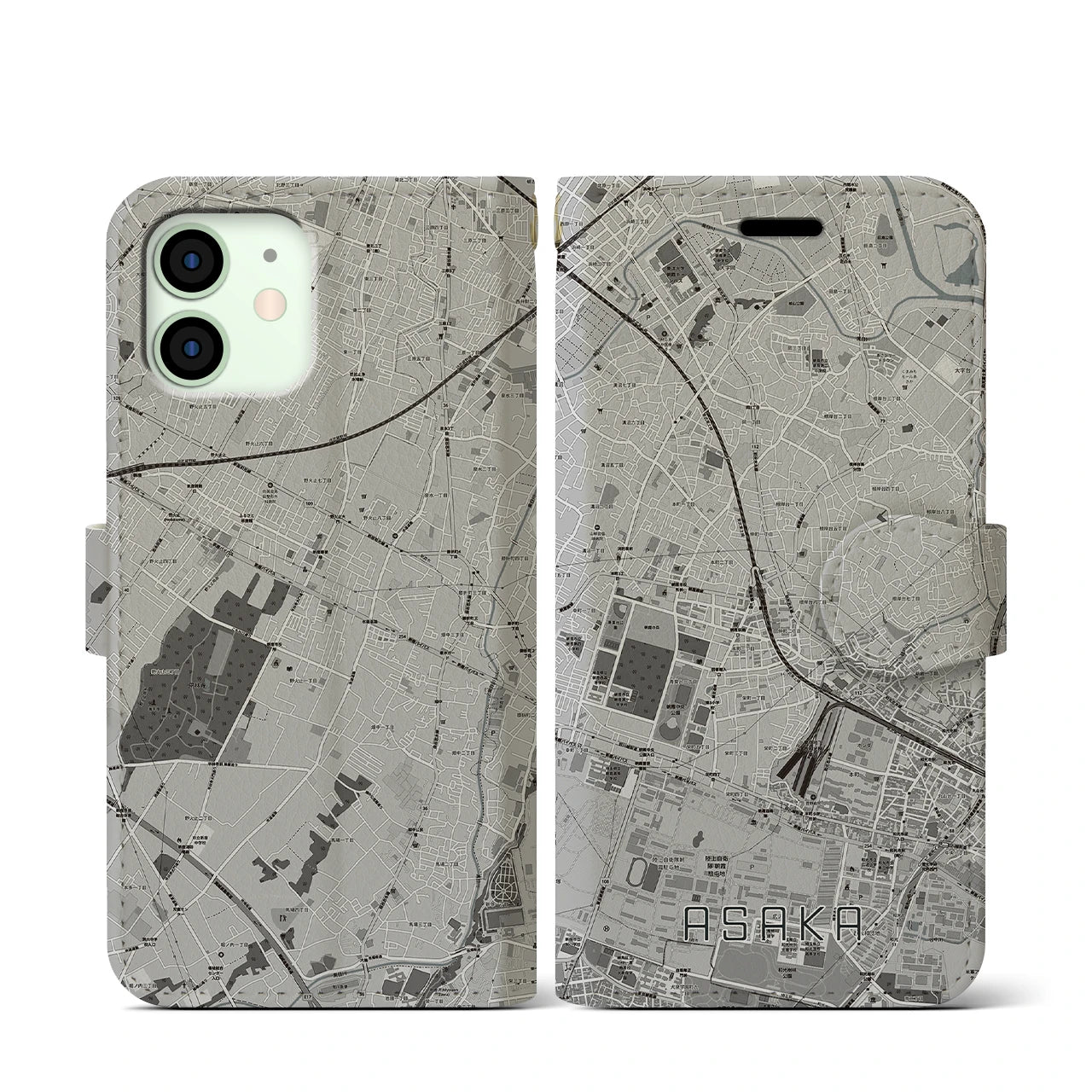 【朝霞(埼玉県)】地図柄iPhoneケース(手帳タイプ)モノトーン・iPhone 12 mini 用