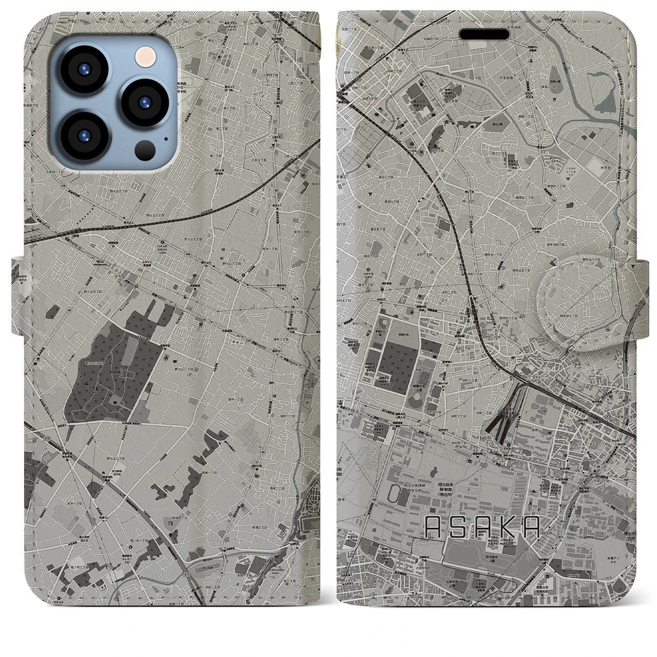 【朝霞(埼玉県)】地図柄iPhoneケース(手帳タイプ)モノトーン・iPhone 13 Pro Max 用