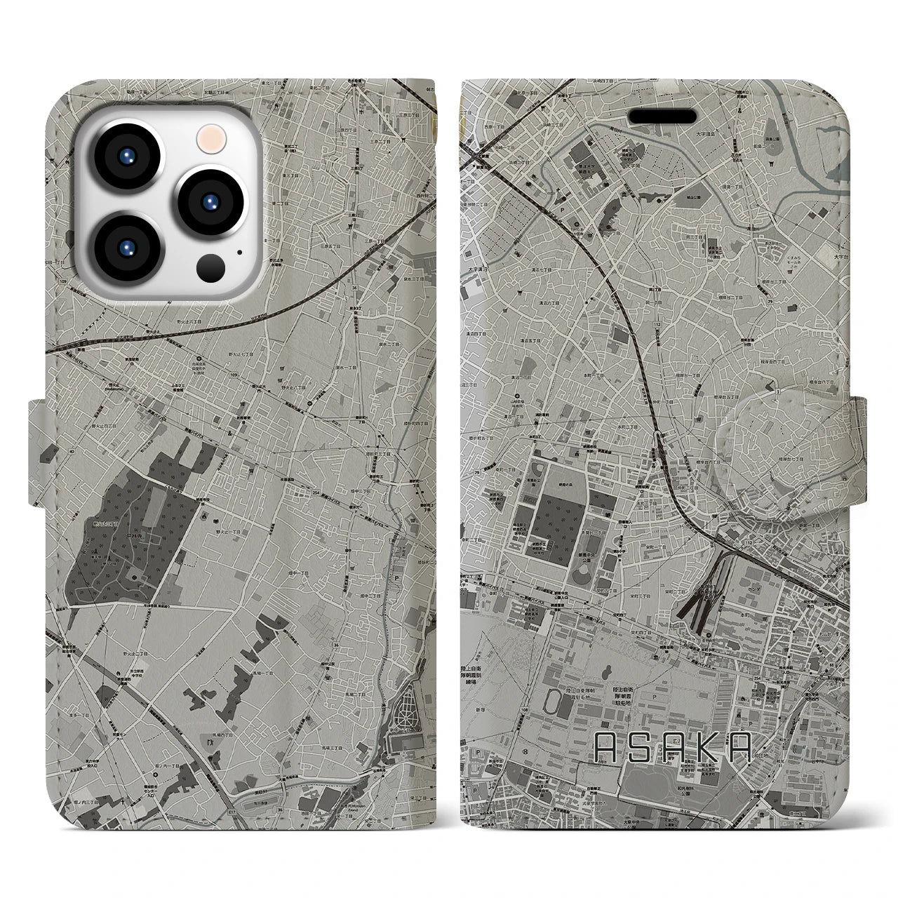 【朝霞(埼玉県)】地図柄iPhoneケース(手帳タイプ)モノトーン・iPhone 13 Pro 用