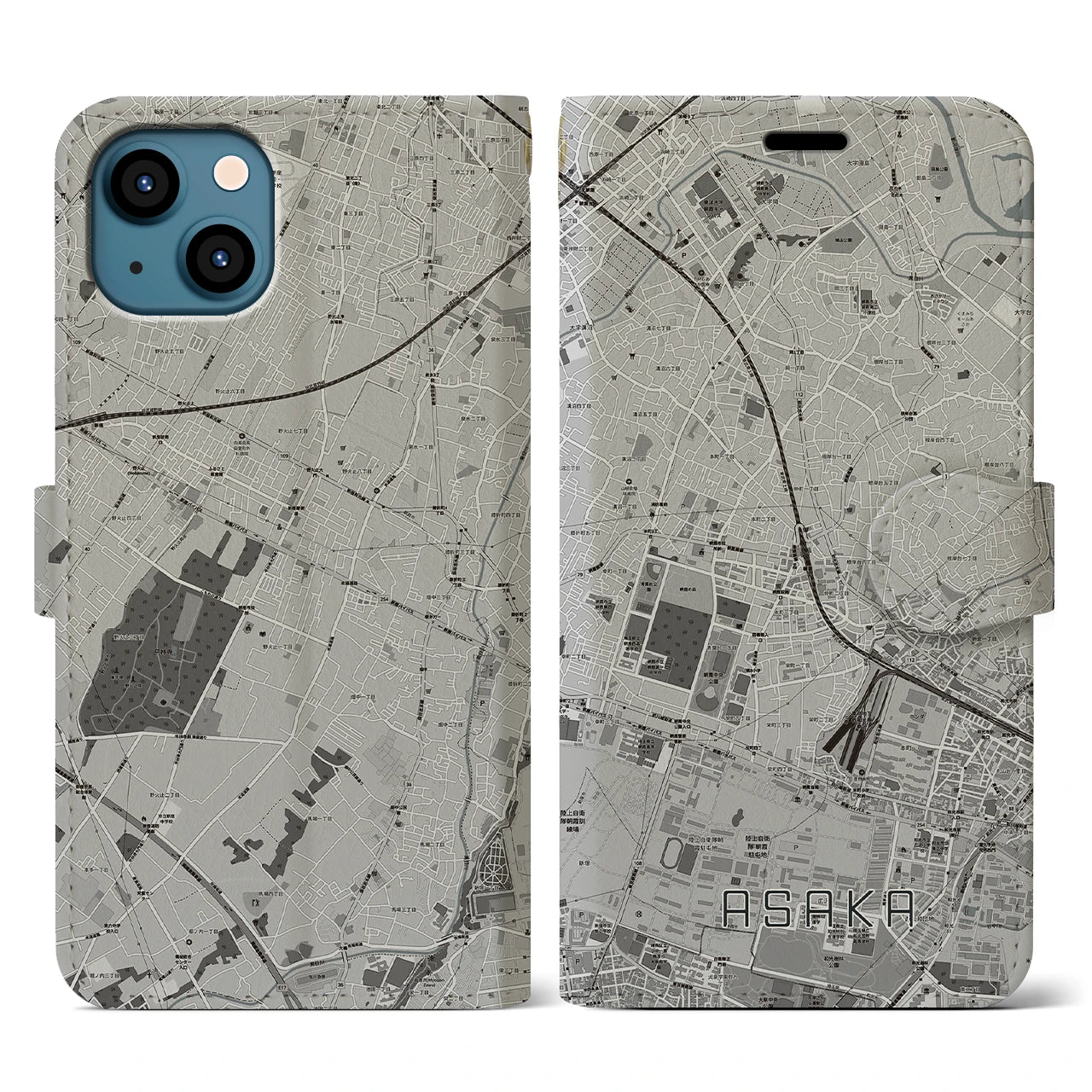 【朝霞(埼玉県)】地図柄iPhoneケース(手帳タイプ)モノトーン・iPhone 13 用