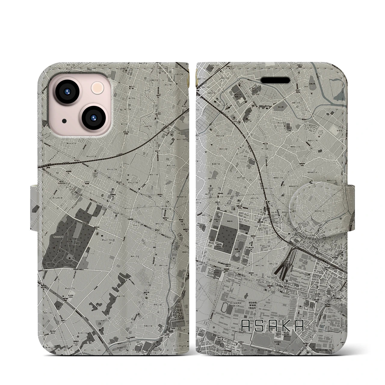 【朝霞(埼玉県)】地図柄iPhoneケース(手帳タイプ)モノトーン・iPhone 13 mini 用