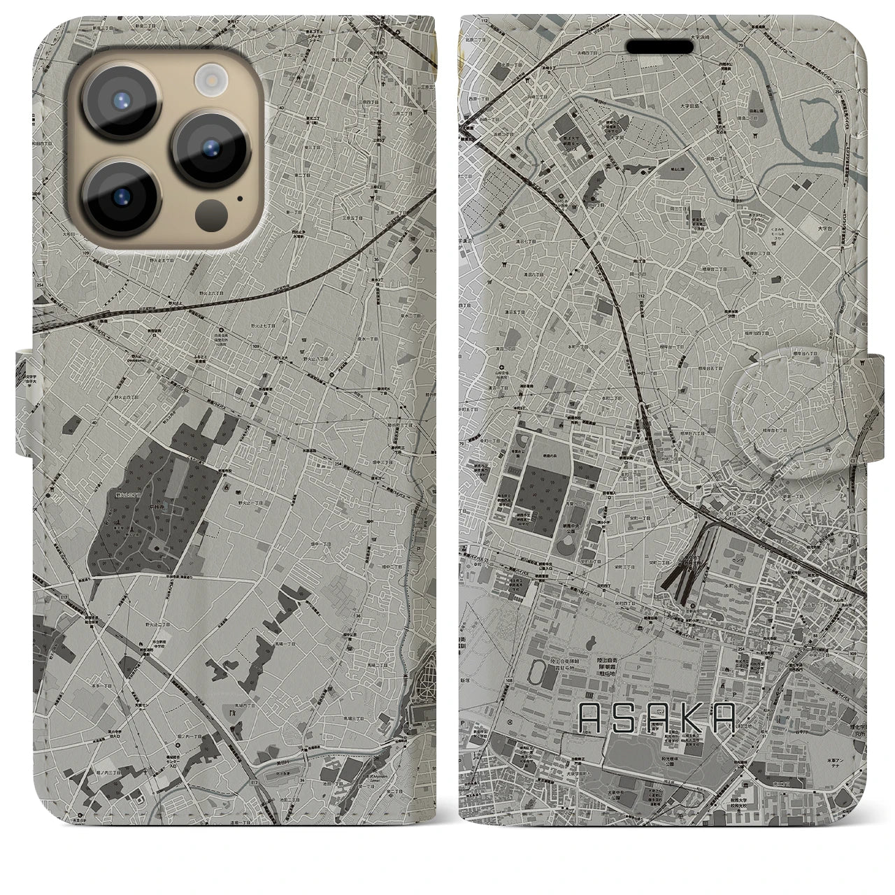 【朝霞(埼玉県)】地図柄iPhoneケース(手帳タイプ)モノトーン・iPhone 14 Pro Max 用