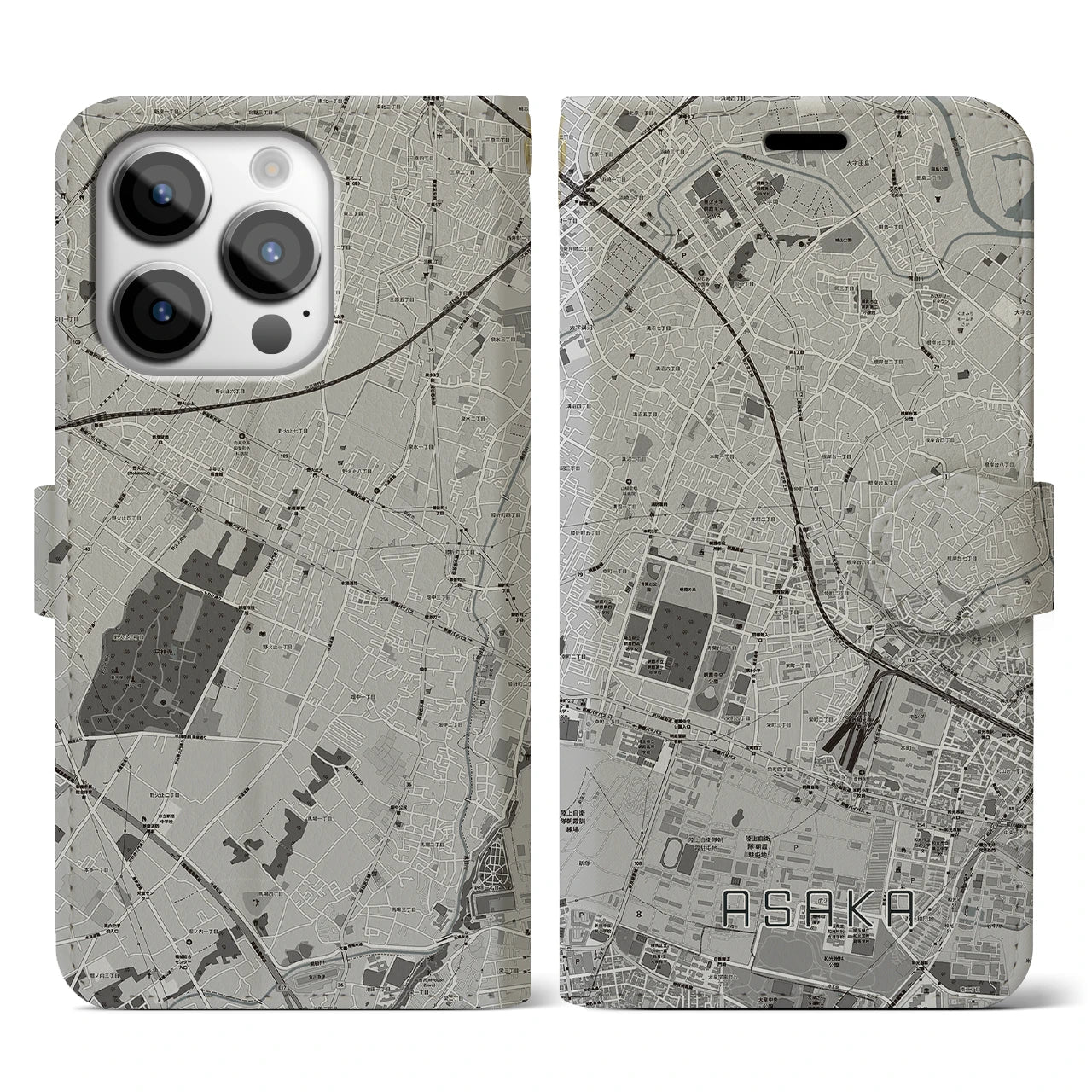【朝霞(埼玉県)】地図柄iPhoneケース(手帳タイプ)モノトーン・iPhone 14 Pro 用