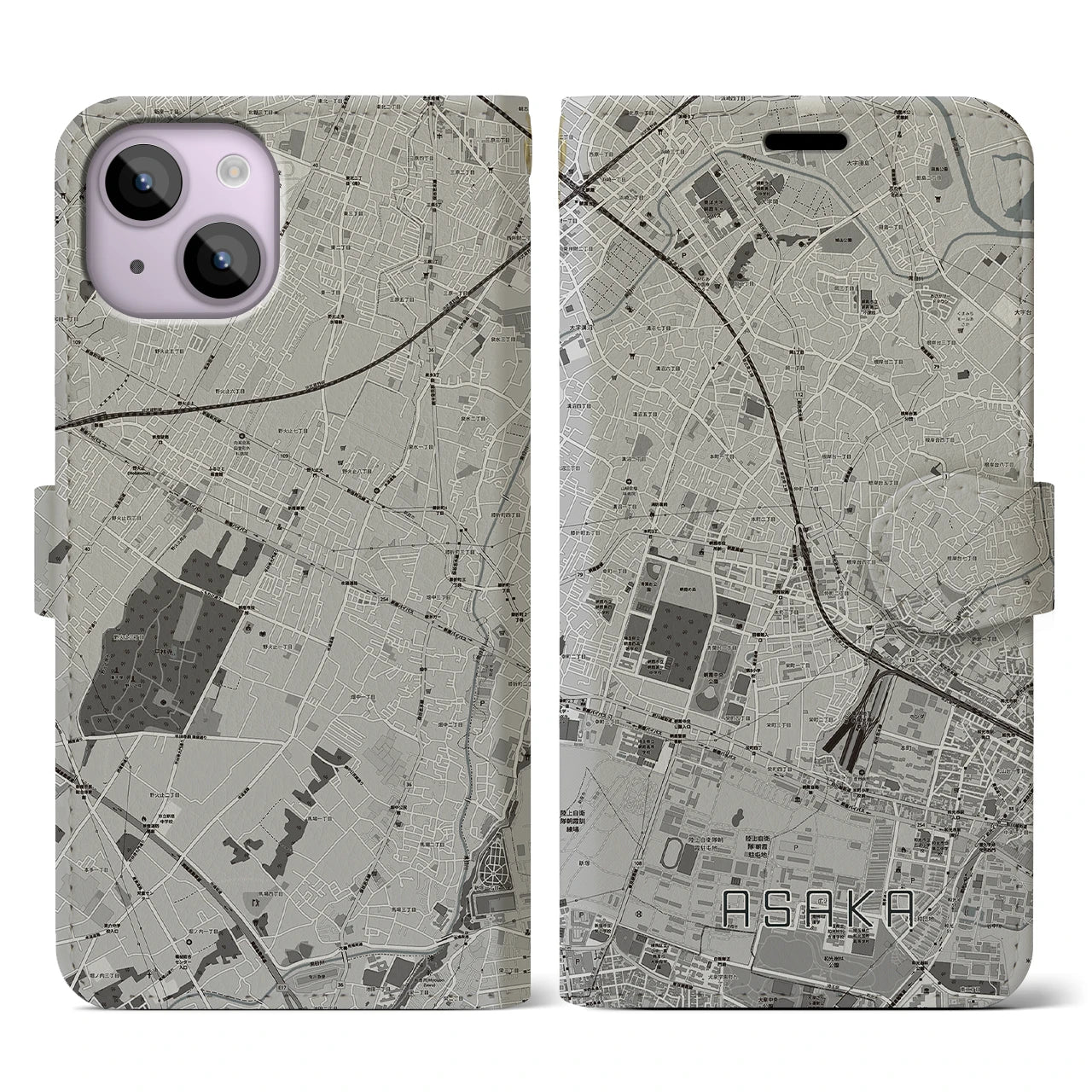 【朝霞(埼玉県)】地図柄iPhoneケース(手帳タイプ)モノトーン・iPhone 14 用
