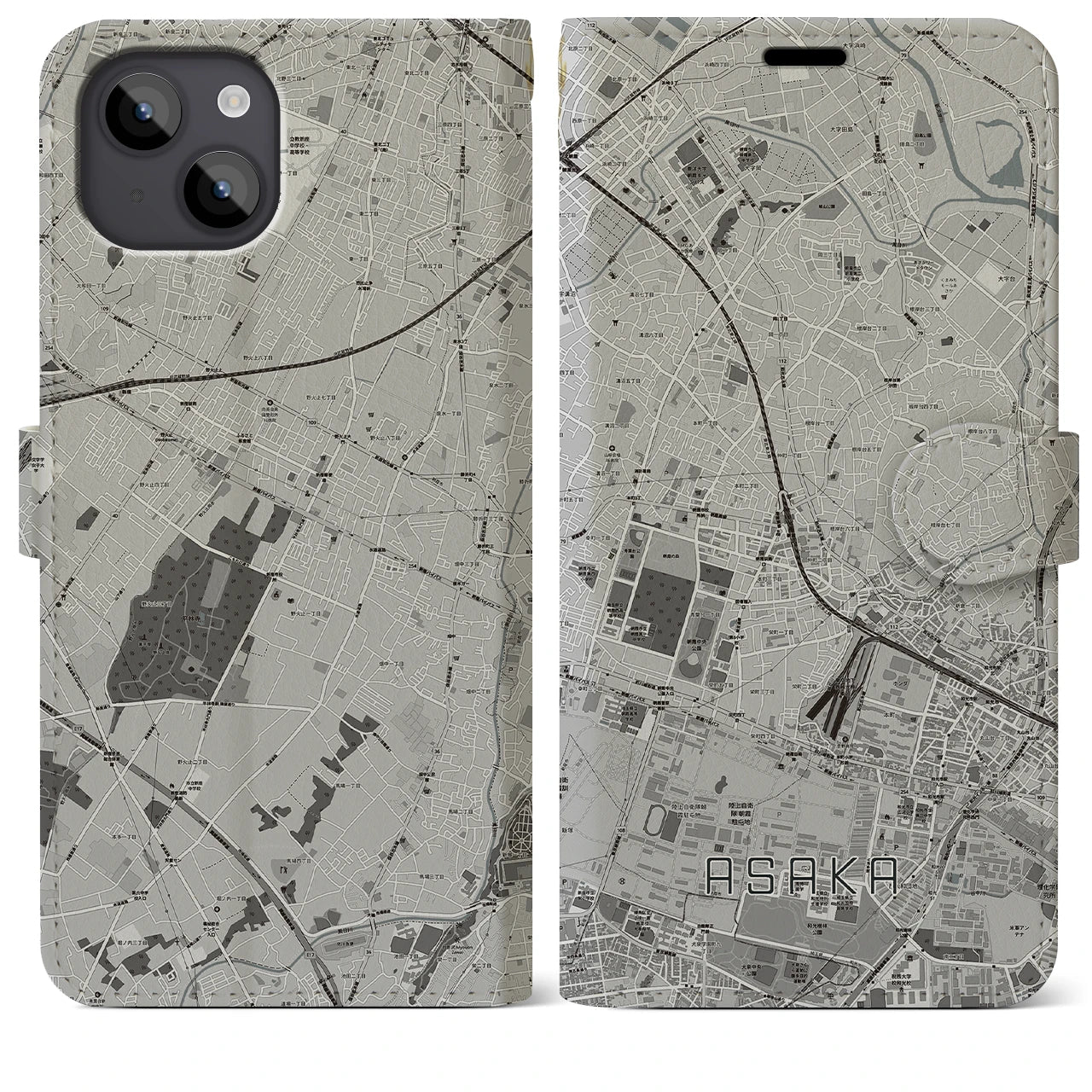 【朝霞(埼玉県)】地図柄iPhoneケース(手帳タイプ)モノトーン・iPhone 14 Plus 用