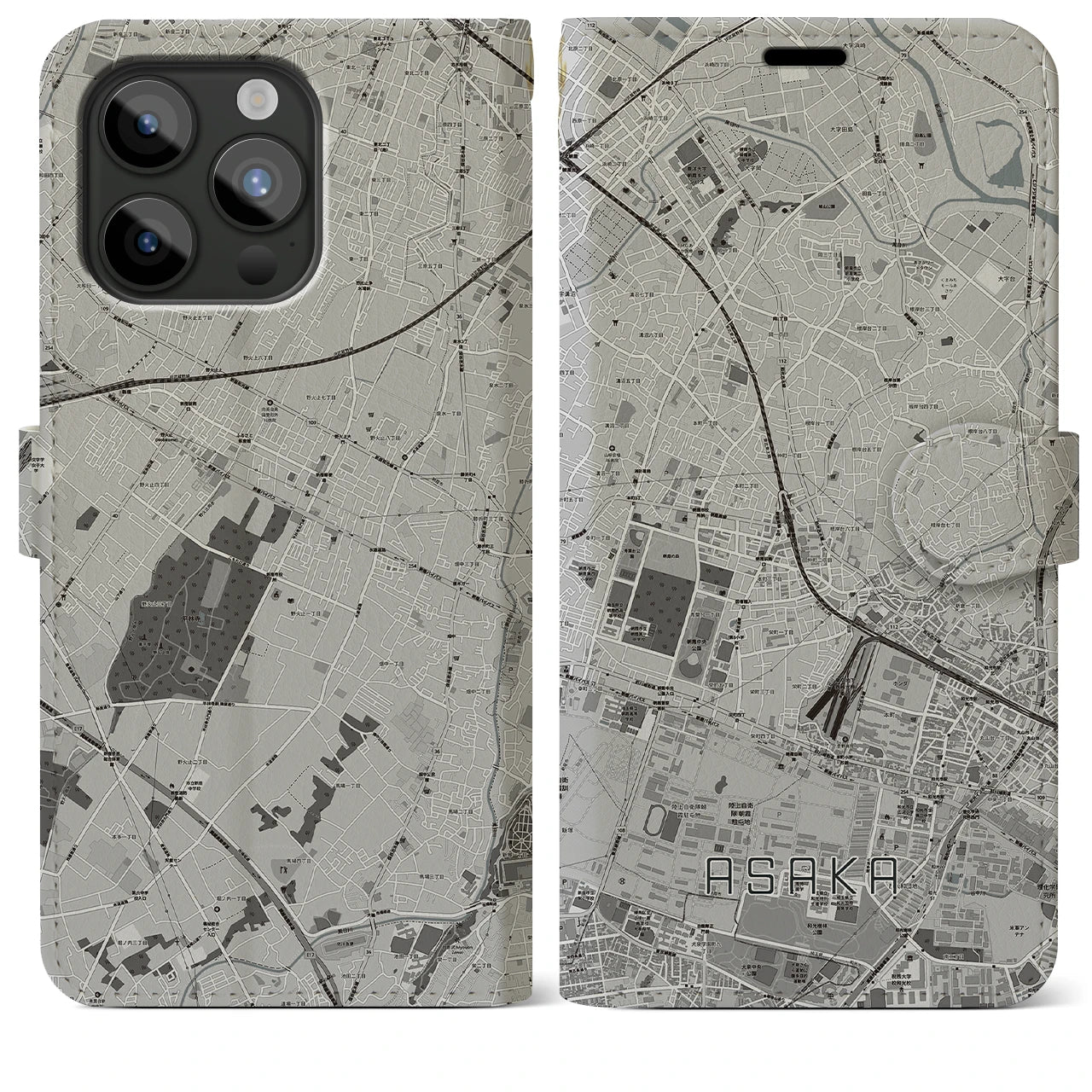 【朝霞(埼玉県)】地図柄iPhoneケース(手帳タイプ)モノトーン・iPhone 15 Pro Max 用