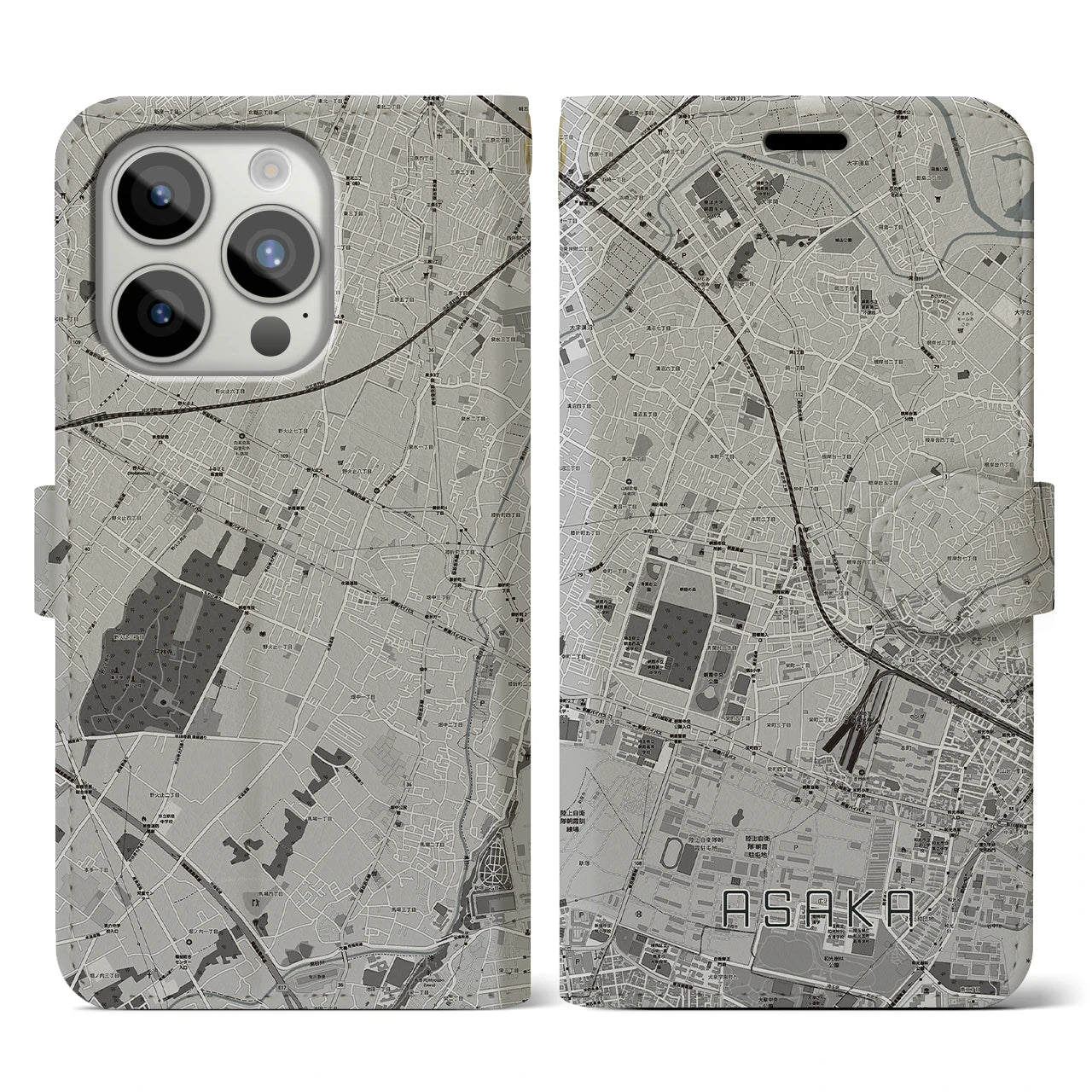 【朝霞(埼玉県)】地図柄iPhoneケース(手帳タイプ)モノトーン・iPhone 15 Pro 用