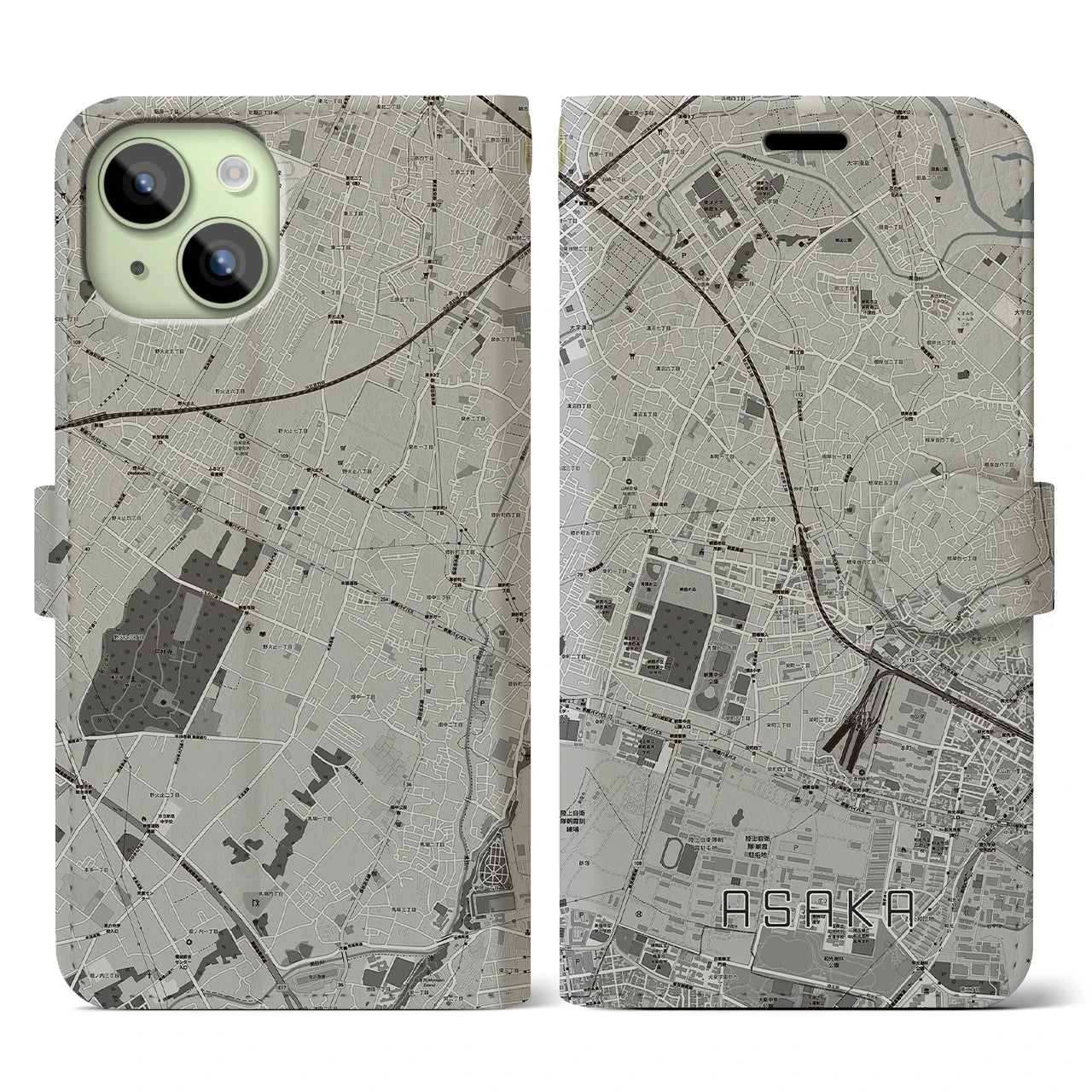 【朝霞(埼玉県)】地図柄iPhoneケース(手帳タイプ)モノトーン・iPhone 15 用