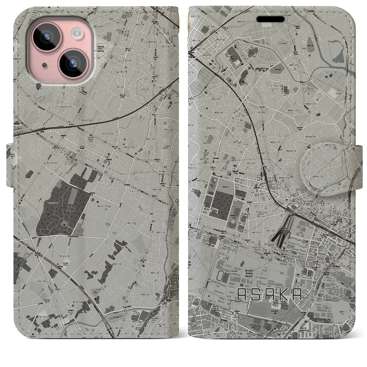 【朝霞(埼玉県)】地図柄iPhoneケース(手帳タイプ)モノトーン・iPhone 15 Plus 用