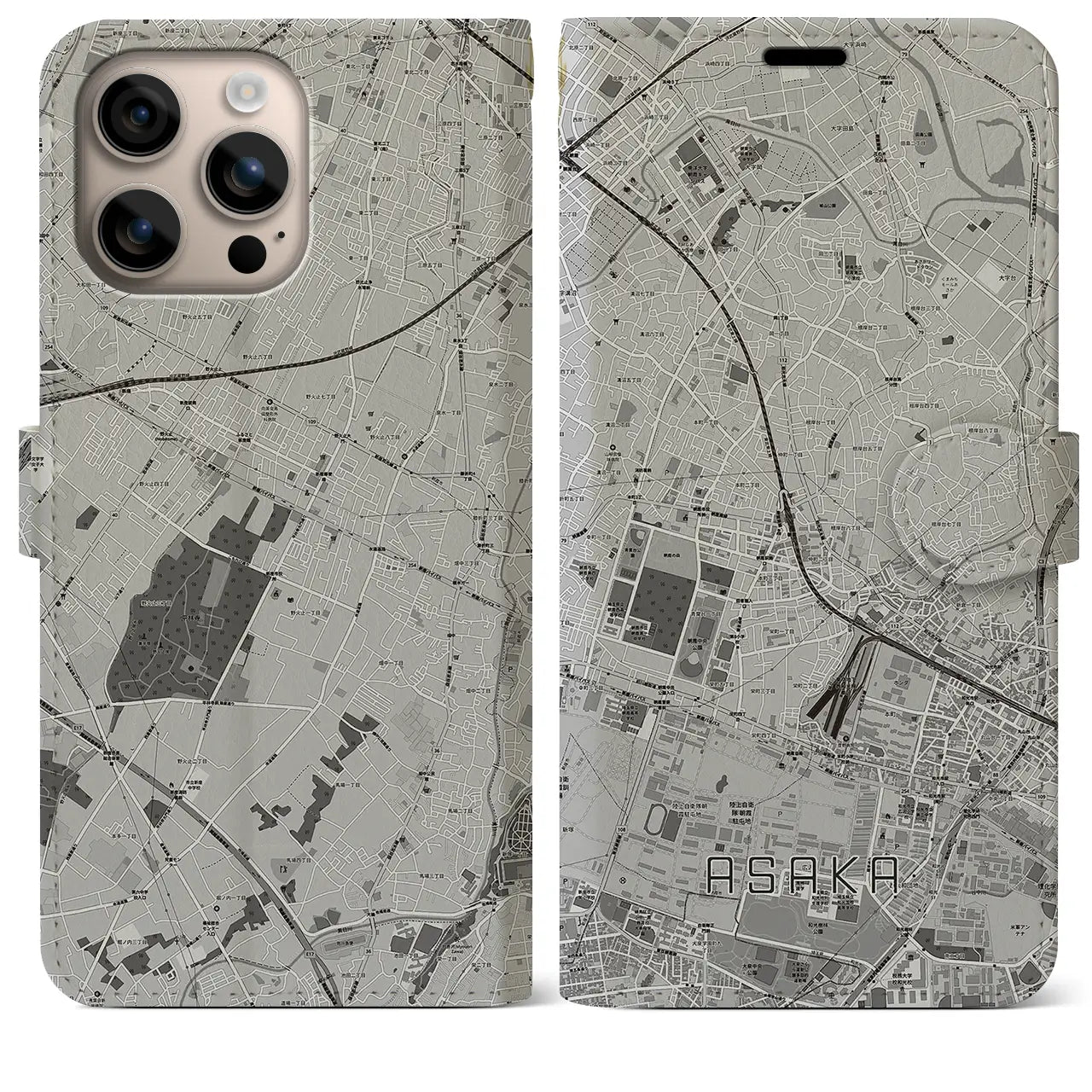 【朝霞(埼玉県)】地図柄iPhoneケース(手帳タイプ)モノトーン・iPhone 16 Plus 用