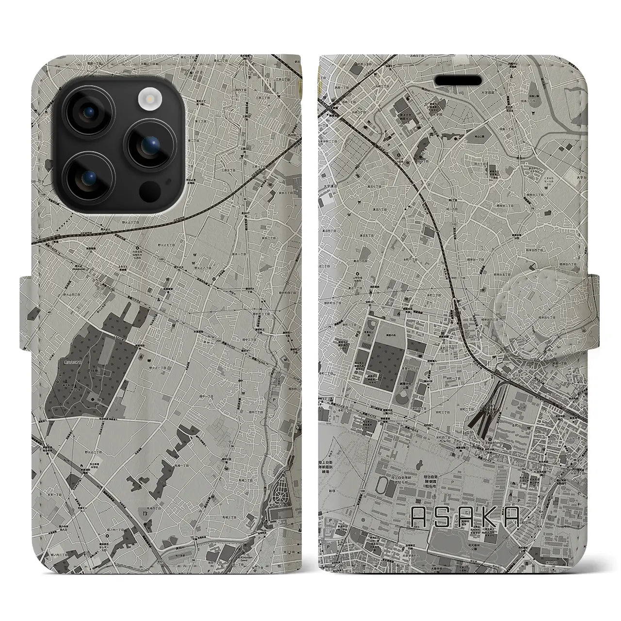 【朝霞(埼玉県)】地図柄iPhoneケース(手帳タイプ)モノトーン・iPhone 16 用
