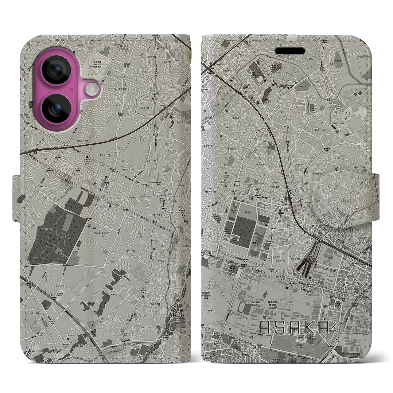 【朝霞(埼玉県)】地図柄iPhoneケース(手帳タイプ)モノトーン・iPhone 16 Pro 用