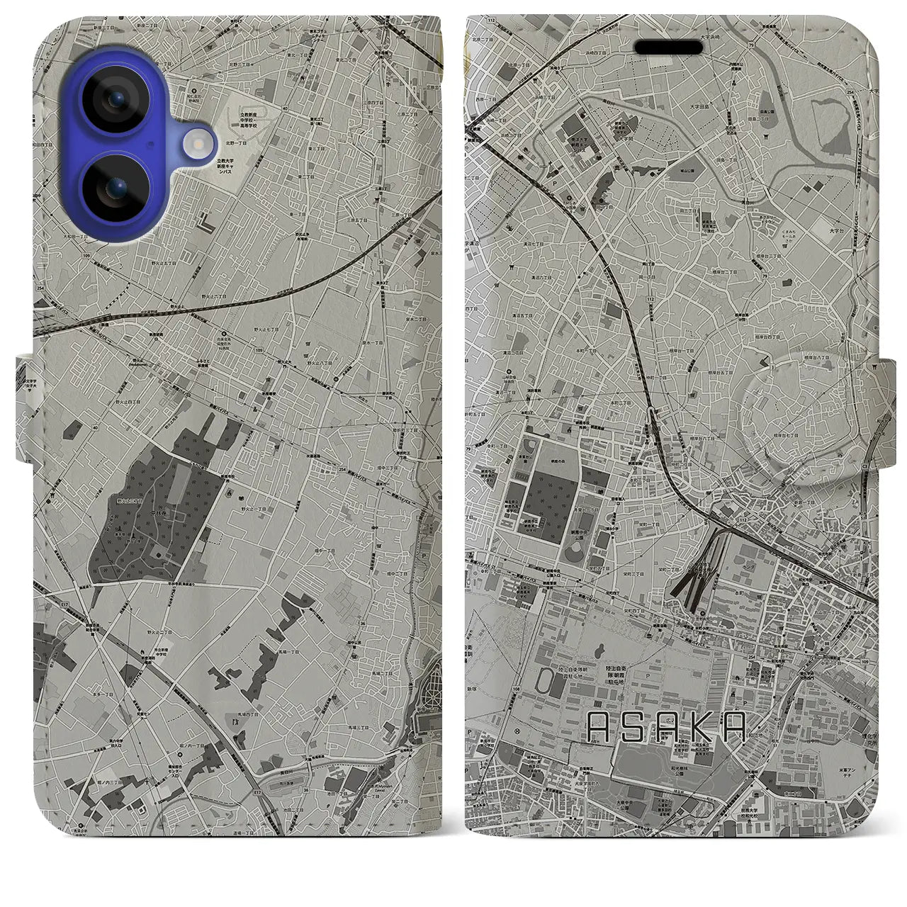 【朝霞(埼玉県)】地図柄iPhoneケース(手帳タイプ)モノトーン・iPhone 16 Pro Max 用