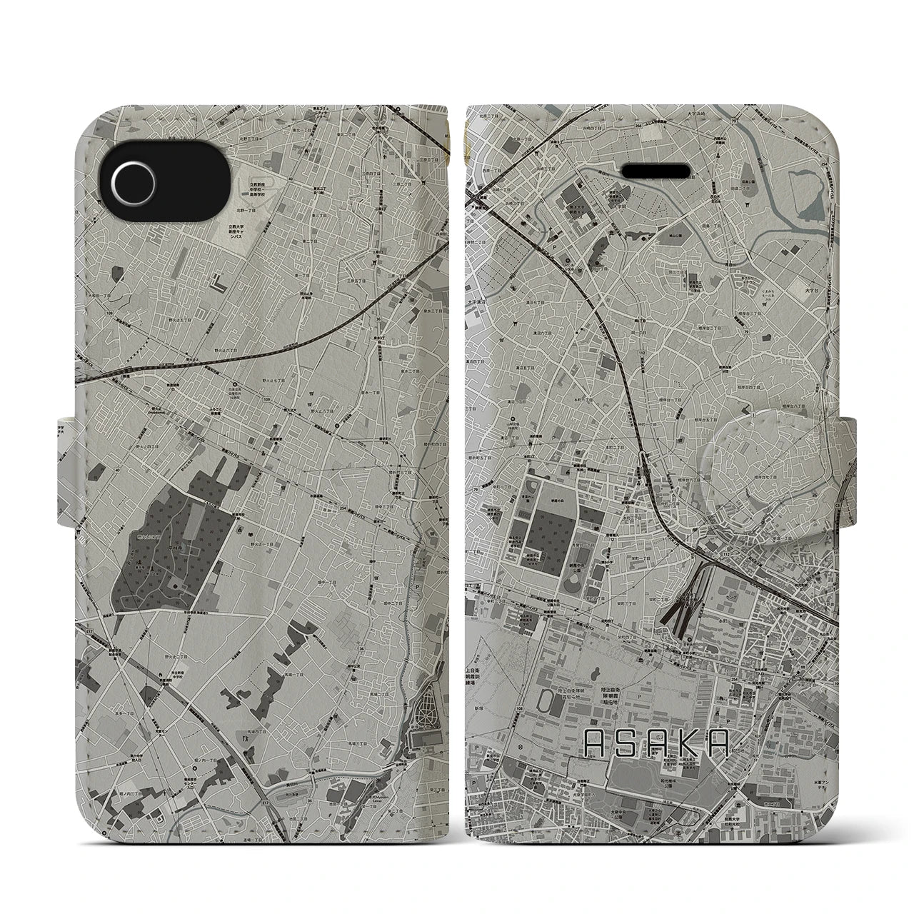 【朝霞(埼玉県)】地図柄iPhoneケース(手帳タイプ)モノトーン・iPhone SE(第3 / 第2世代) / 8 / 7 / 6s / 6 用