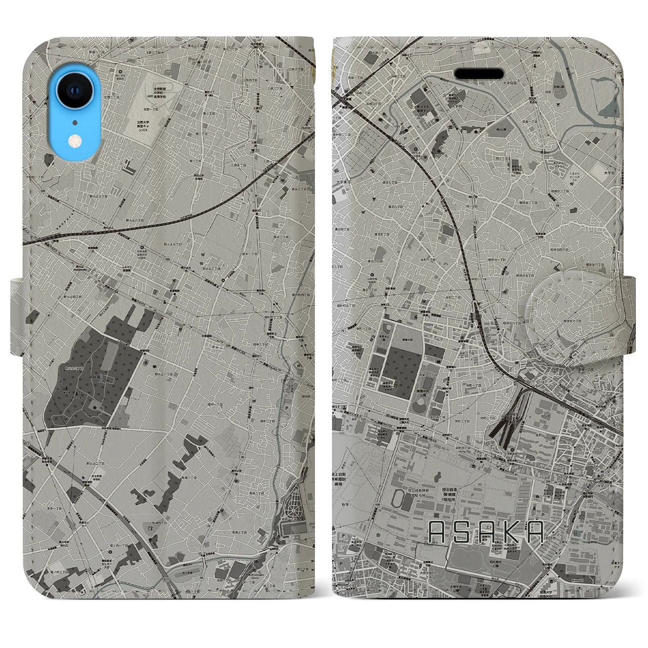 【朝霞(埼玉県)】地図柄iPhoneケース(手帳タイプ)モノトーン・iPhone XR 用