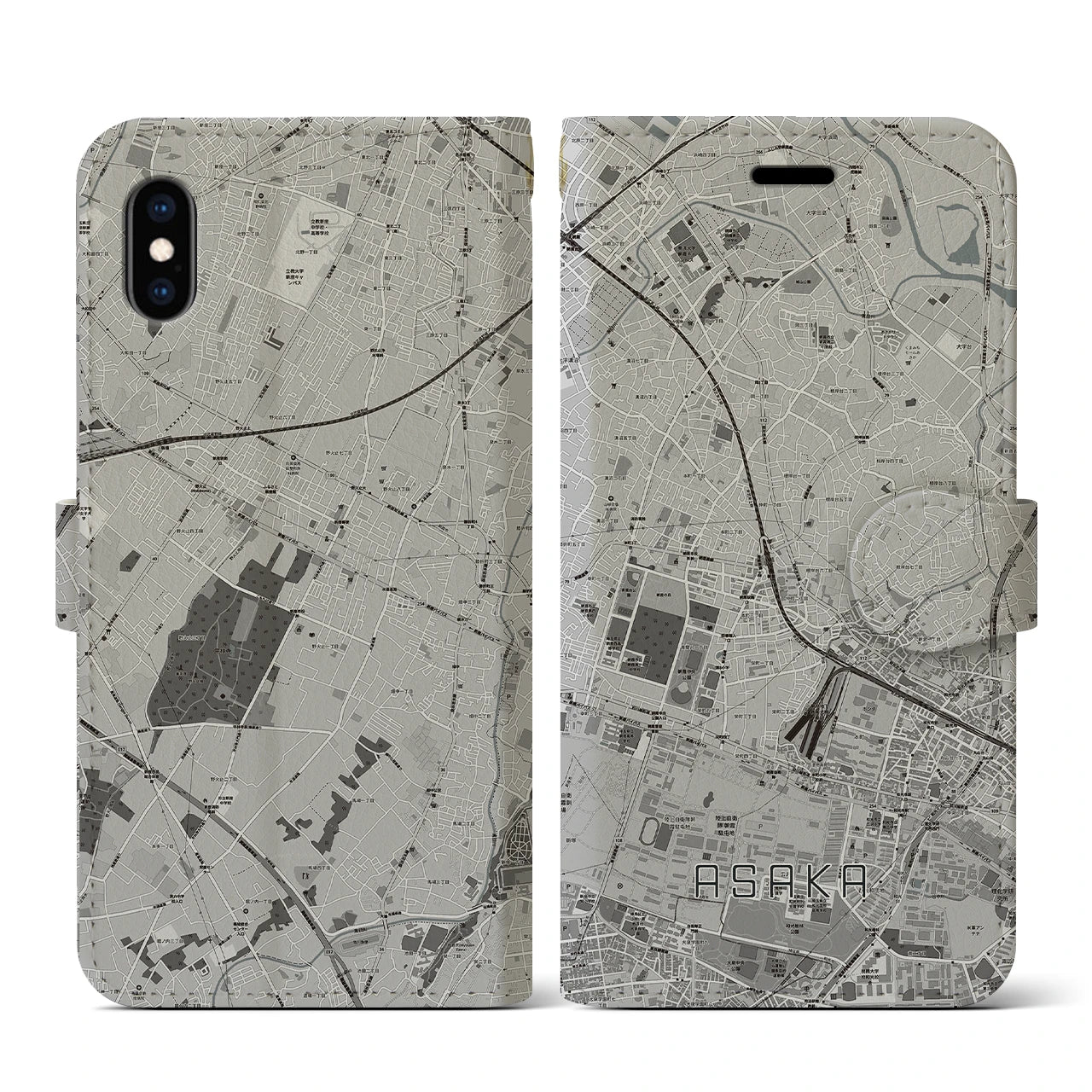 【朝霞(埼玉県)】地図柄iPhoneケース(手帳タイプ)モノトーン・iPhone XS / X 用