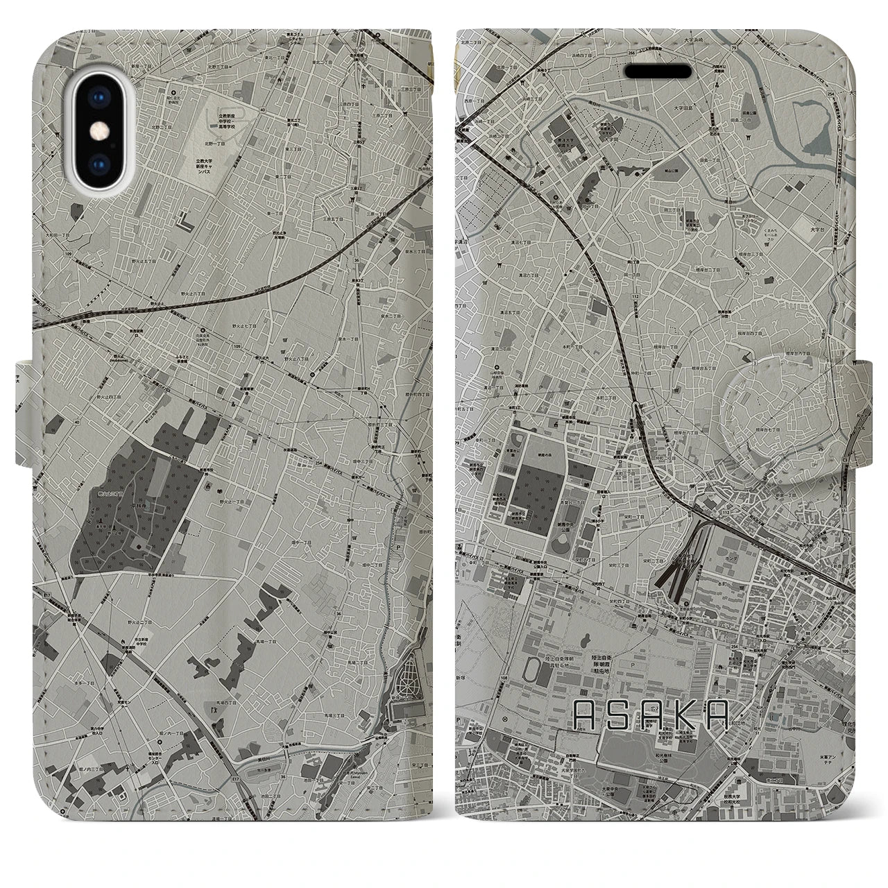 【朝霞(埼玉県)】地図柄iPhoneケース(手帳タイプ)モノトーン・iPhone XS Max 用