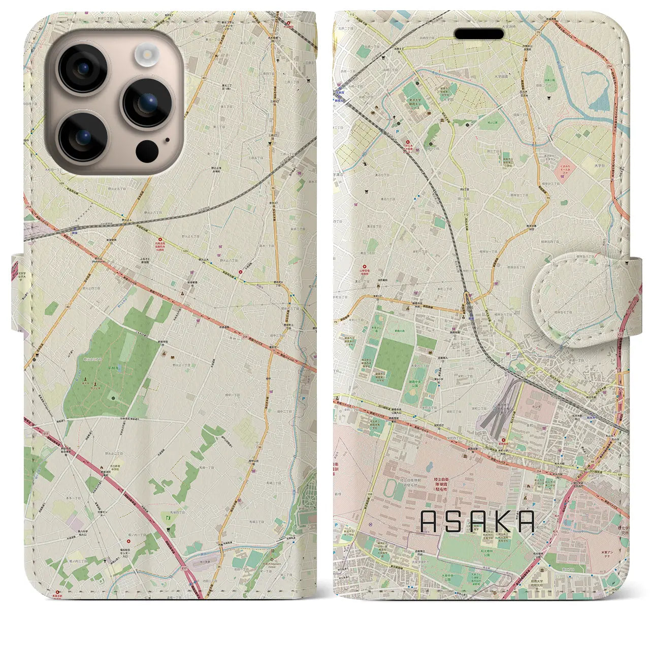【朝霞(埼玉県)】地図柄iPhoneケース(手帳タイプ)ナチュラル・iPhone 16 Plus 用