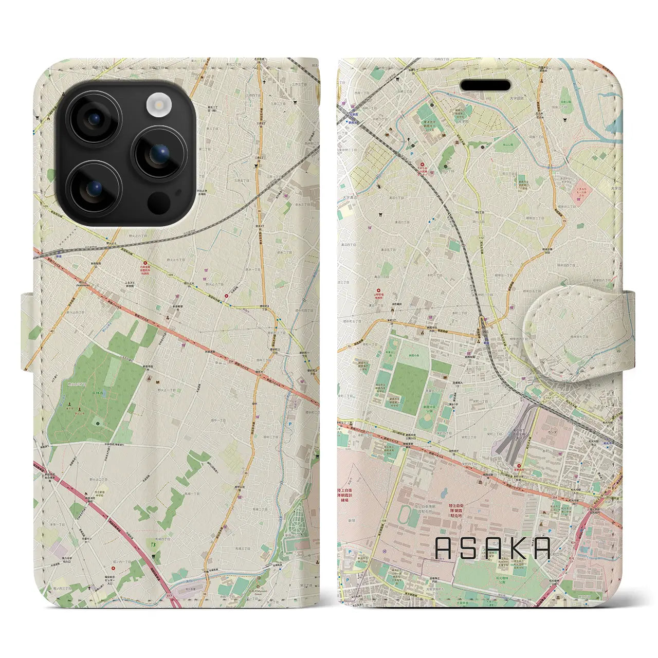 【朝霞(埼玉県)】地図柄iPhoneケース(手帳タイプ)ナチュラル・iPhone 16 用