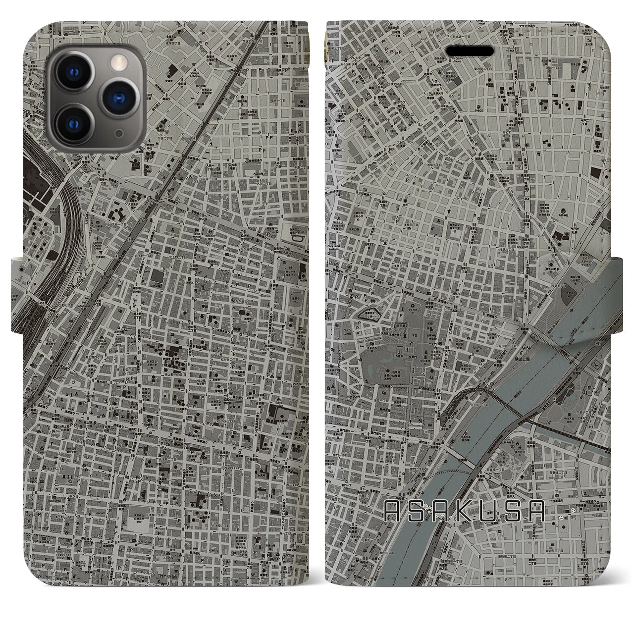【浅草2(東京都)】地図柄iPhoneケース(手帳タイプ)モノトーン・iPhone 11 Pro Max 用