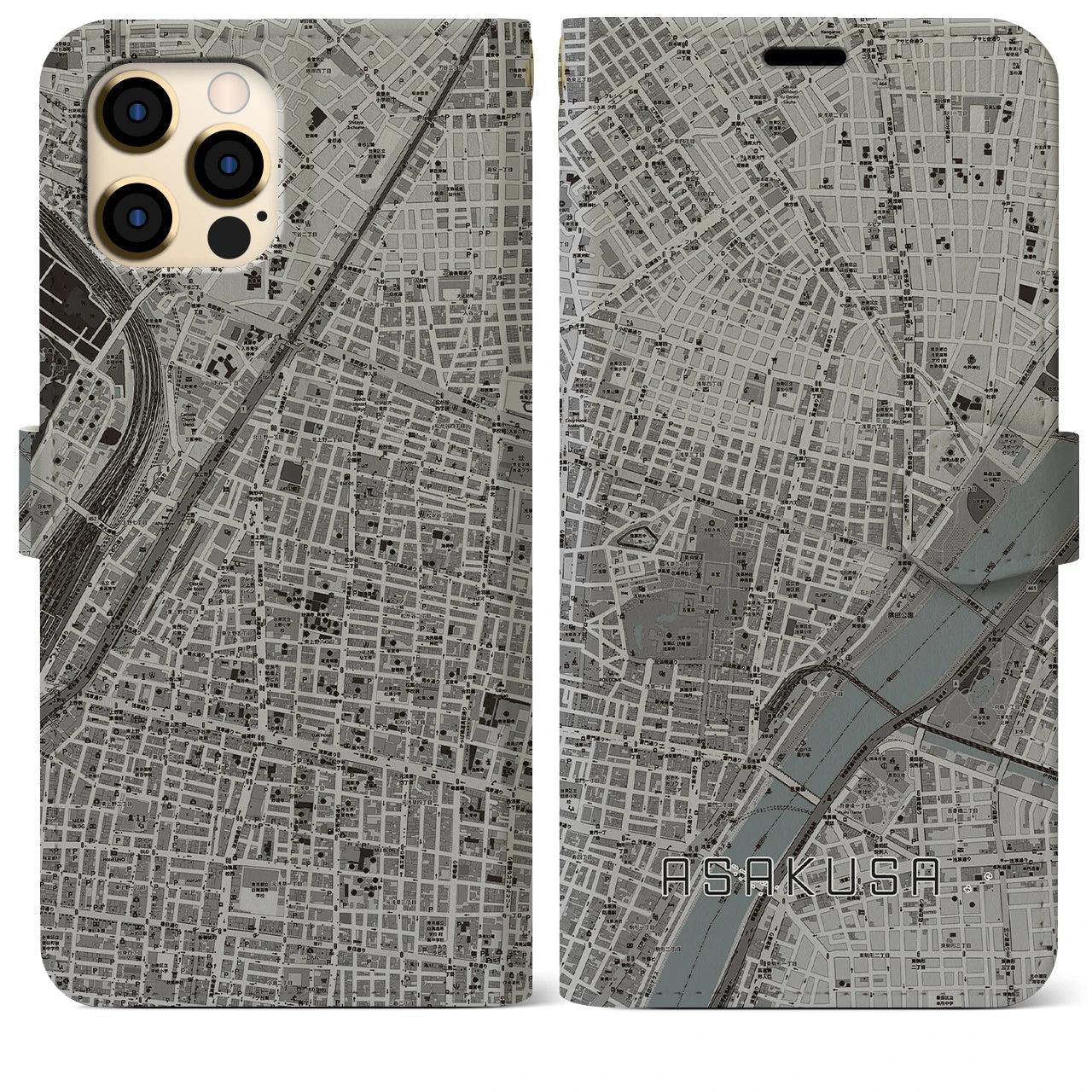 【浅草2(東京都)】地図柄iPhoneケース(手帳タイプ)モノトーン・iPhone 12 Pro Max 用