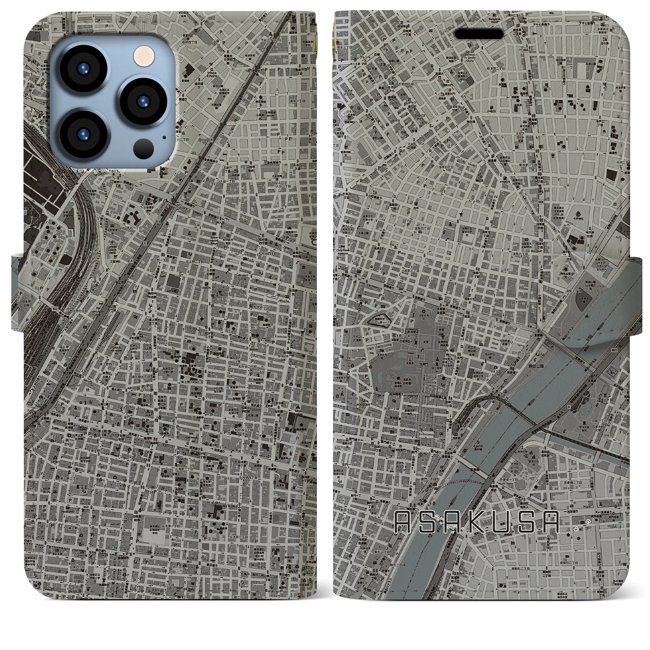 【浅草2(東京都)】地図柄iPhoneケース(手帳タイプ)モノトーン・iPhone 13 Pro Max 用