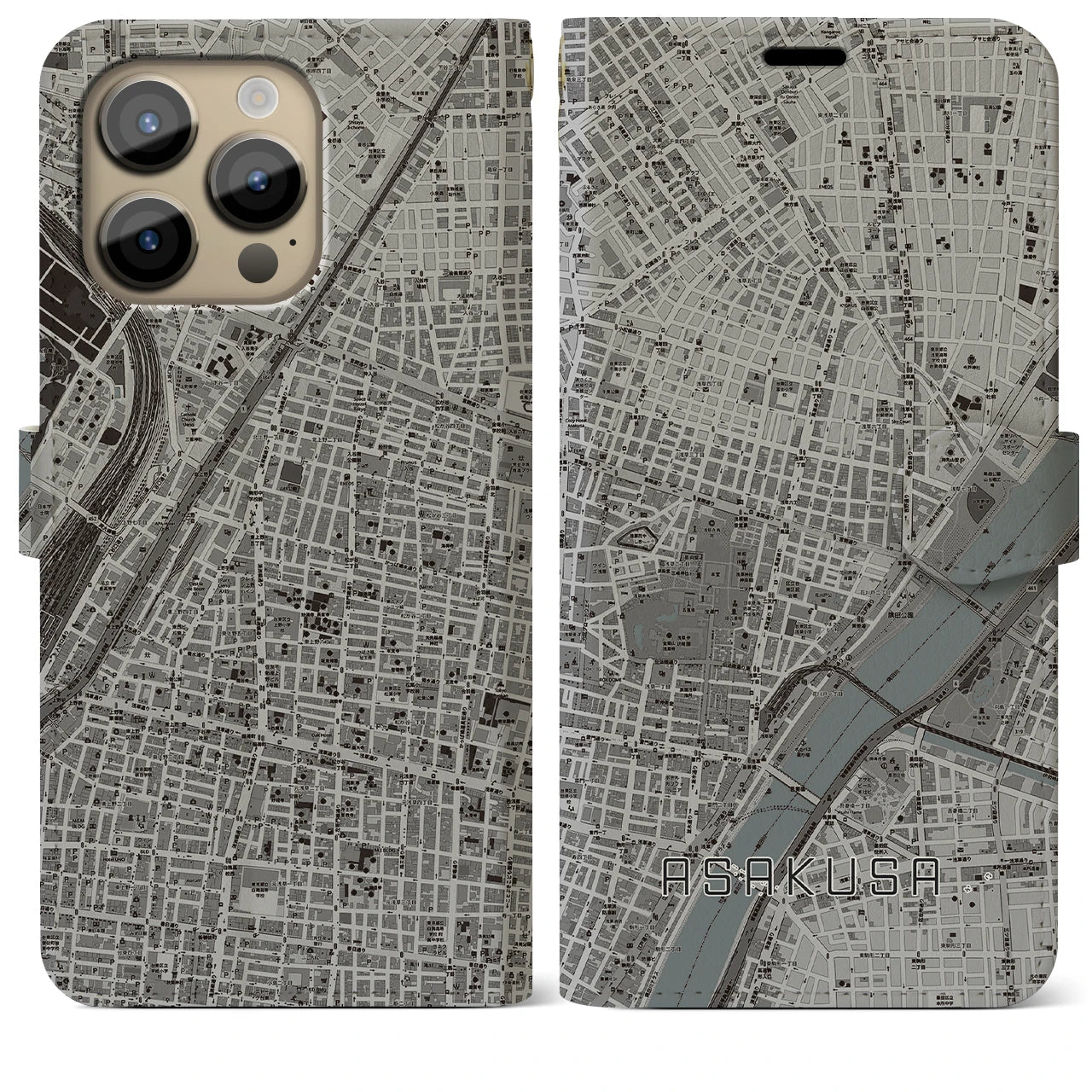 【浅草2(東京都)】地図柄iPhoneケース(手帳タイプ)モノトーン・iPhone 14 Pro Max 用