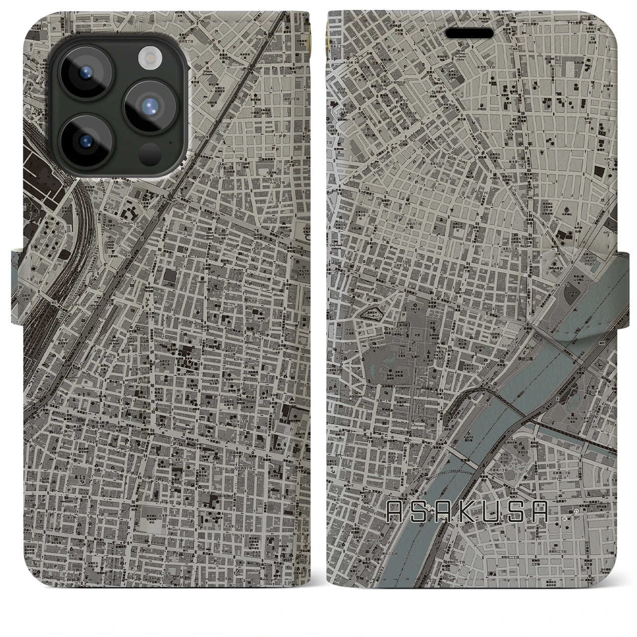 【浅草2(東京都)】地図柄iPhoneケース(手帳タイプ)モノトーン・iPhone 15 Pro Max 用