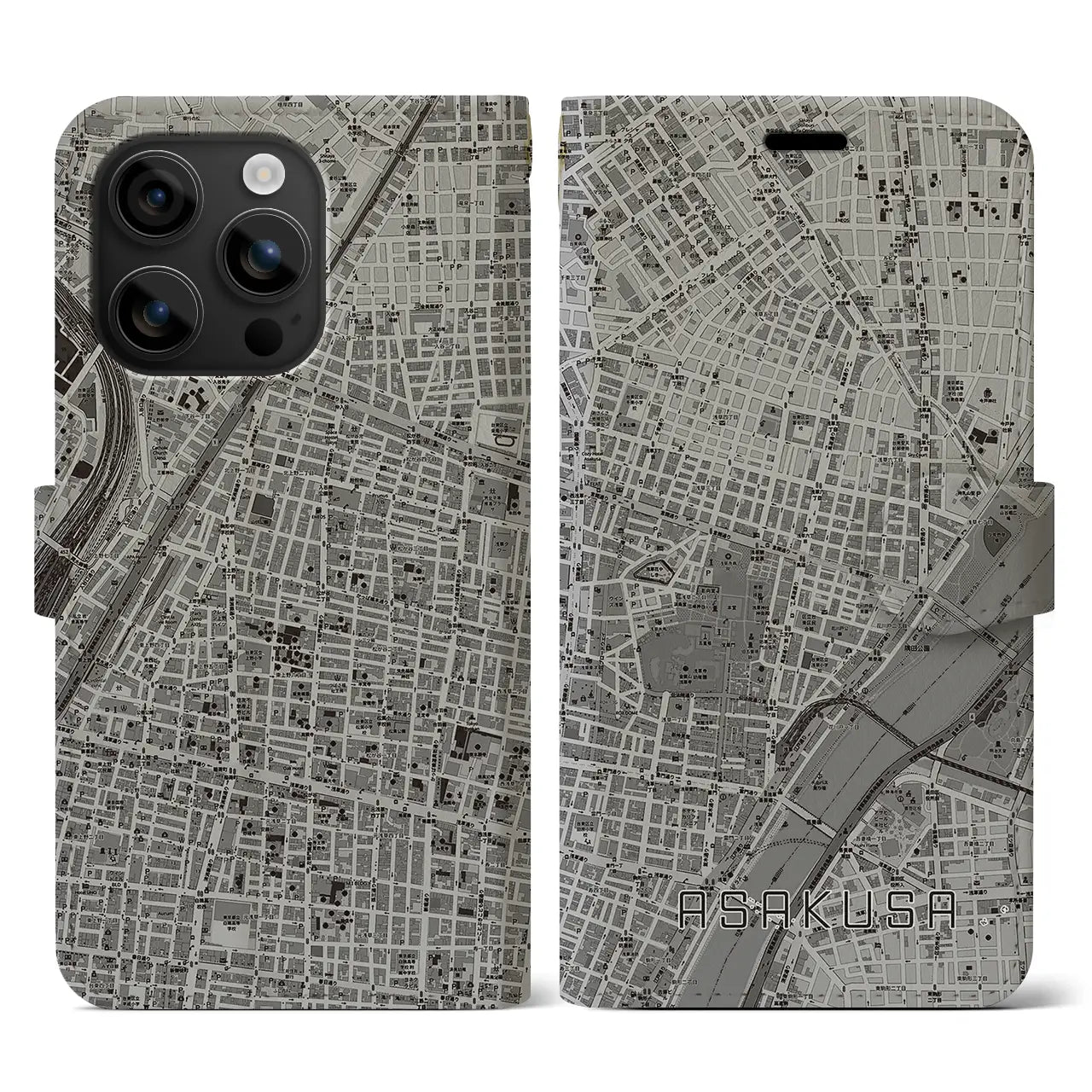 【浅草2(東京都)】地図柄iPhoneケース(手帳タイプ)モノトーン・iPhone 16 用
