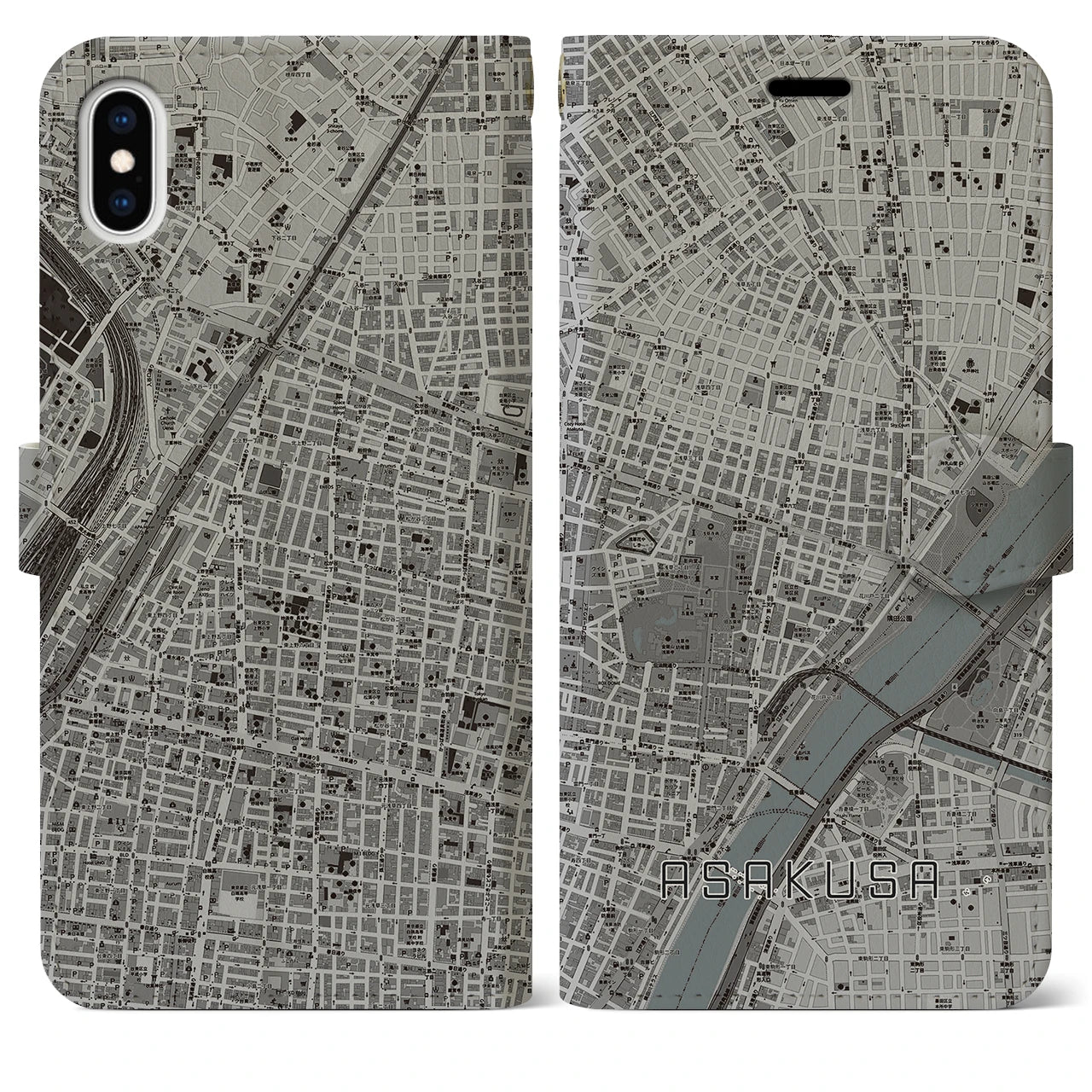 【浅草2(東京都)】地図柄iPhoneケース(手帳タイプ)モノトーン・iPhone XS Max 用
