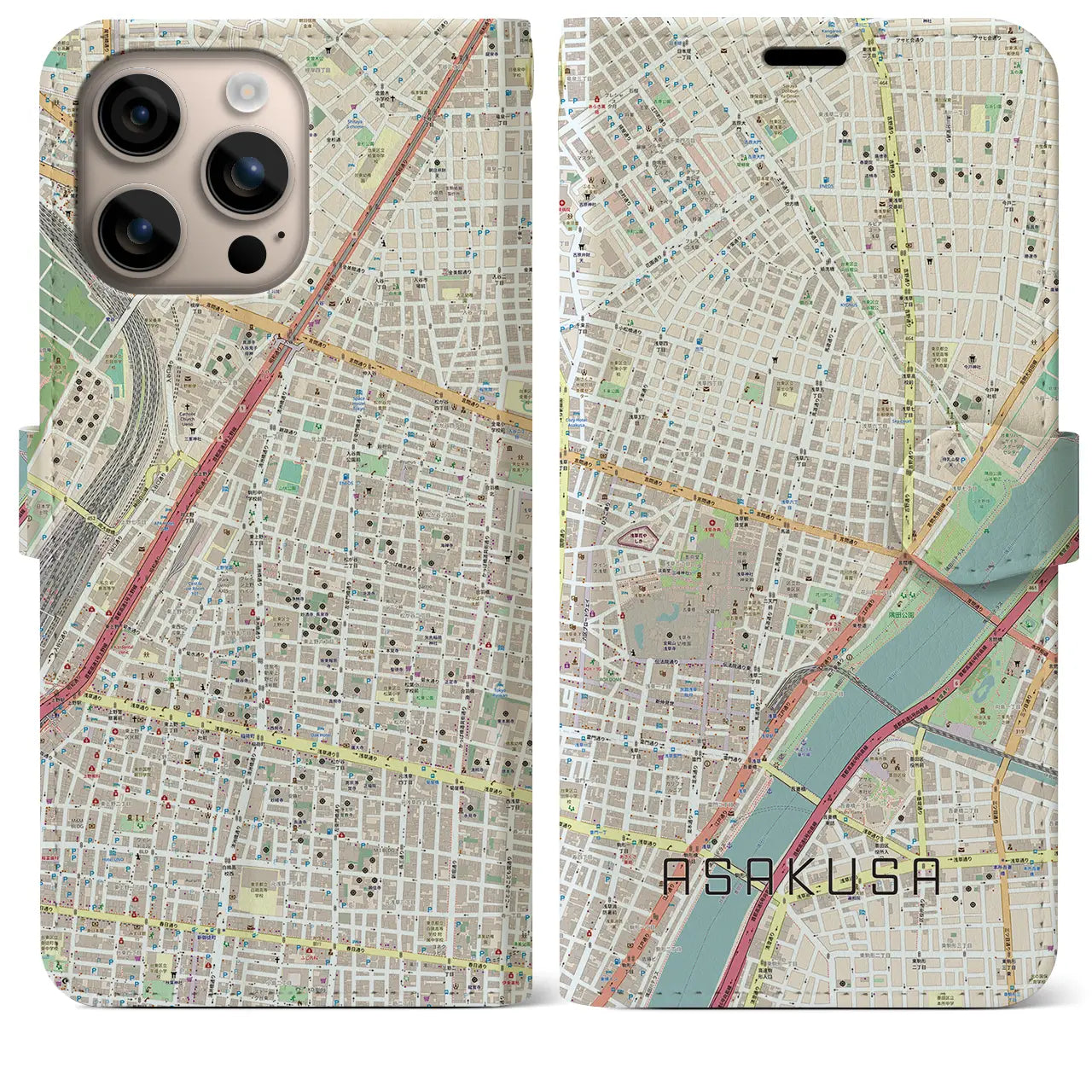 【浅草2(東京都)】地図柄iPhoneケース(手帳タイプ)ナチュラル・iPhone 16 Plus 用