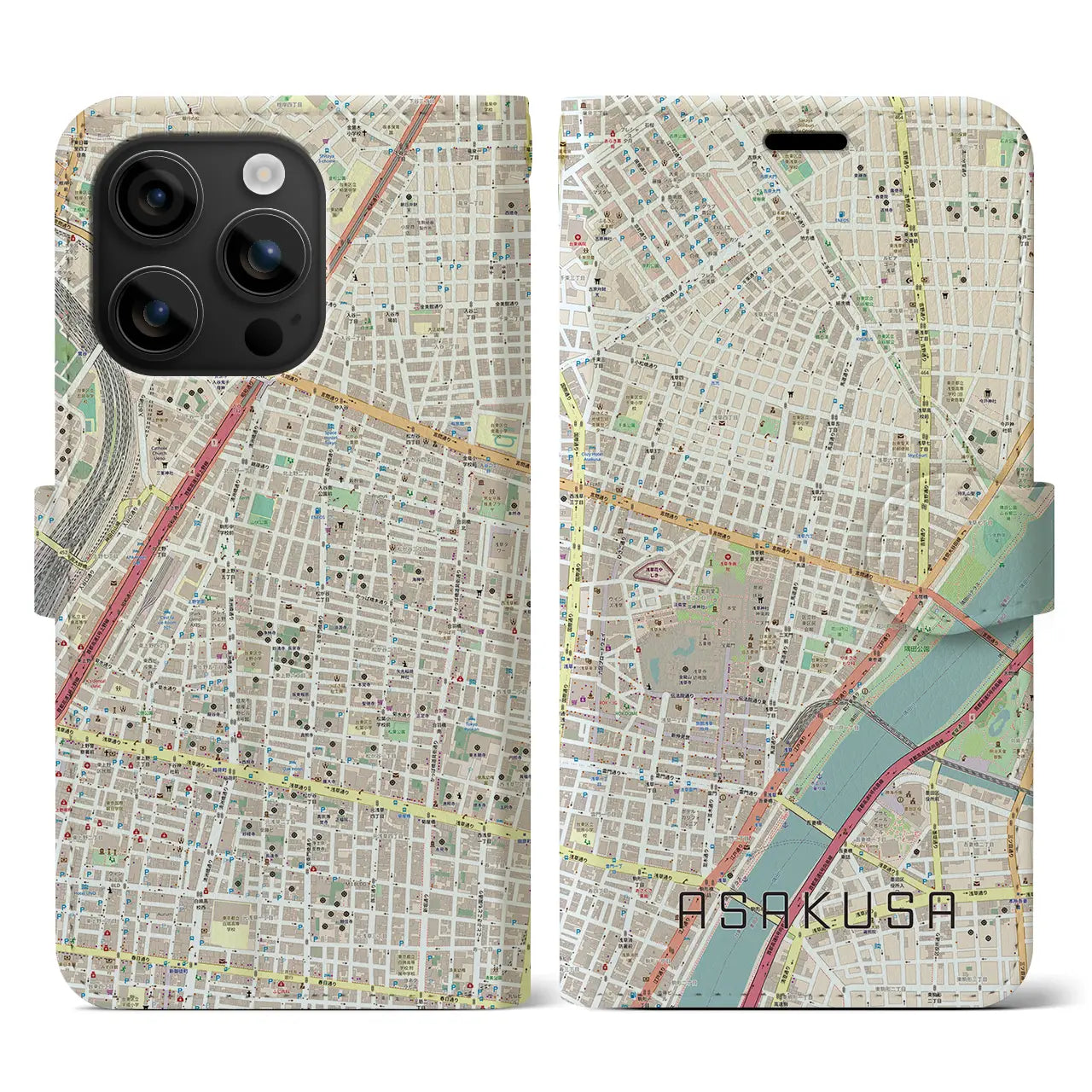 【浅草2(東京都)】地図柄iPhoneケース(手帳タイプ)ナチュラル・iPhone 16 用