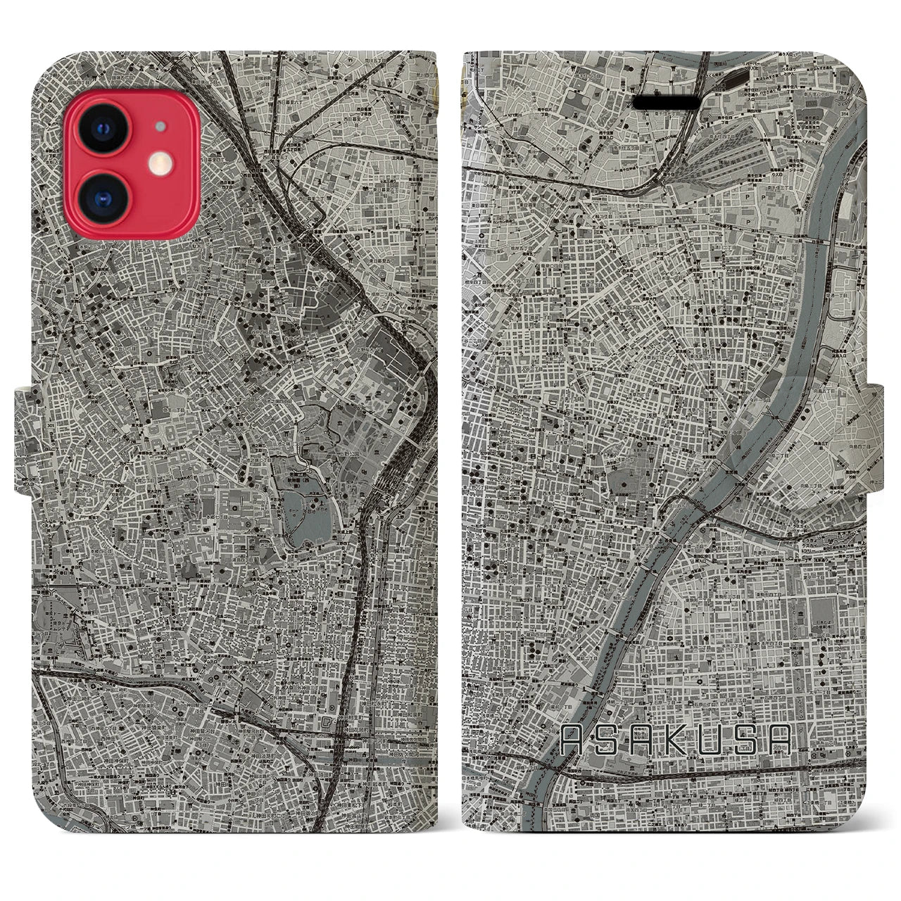 【浅草(東京都)】地図柄iPhoneケース(手帳タイプ)モノトーン・iPhone 11 用