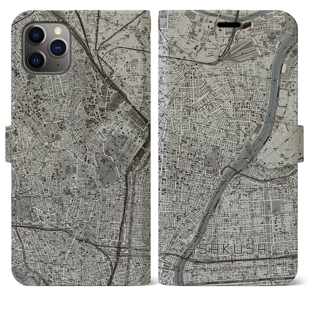 【浅草(東京都)】地図柄iPhoneケース(手帳タイプ)モノトーン・iPhone 11 Pro Max 用