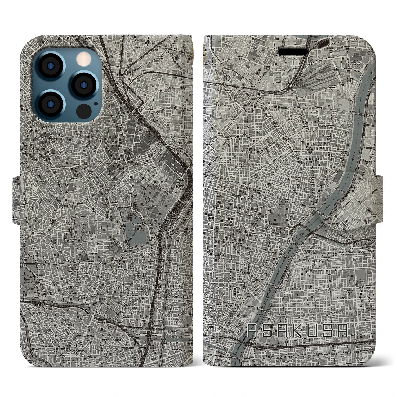 【浅草(東京都)】地図柄iPhoneケース(手帳タイプ)モノトーン・iPhone 12 / 12 Pro 用