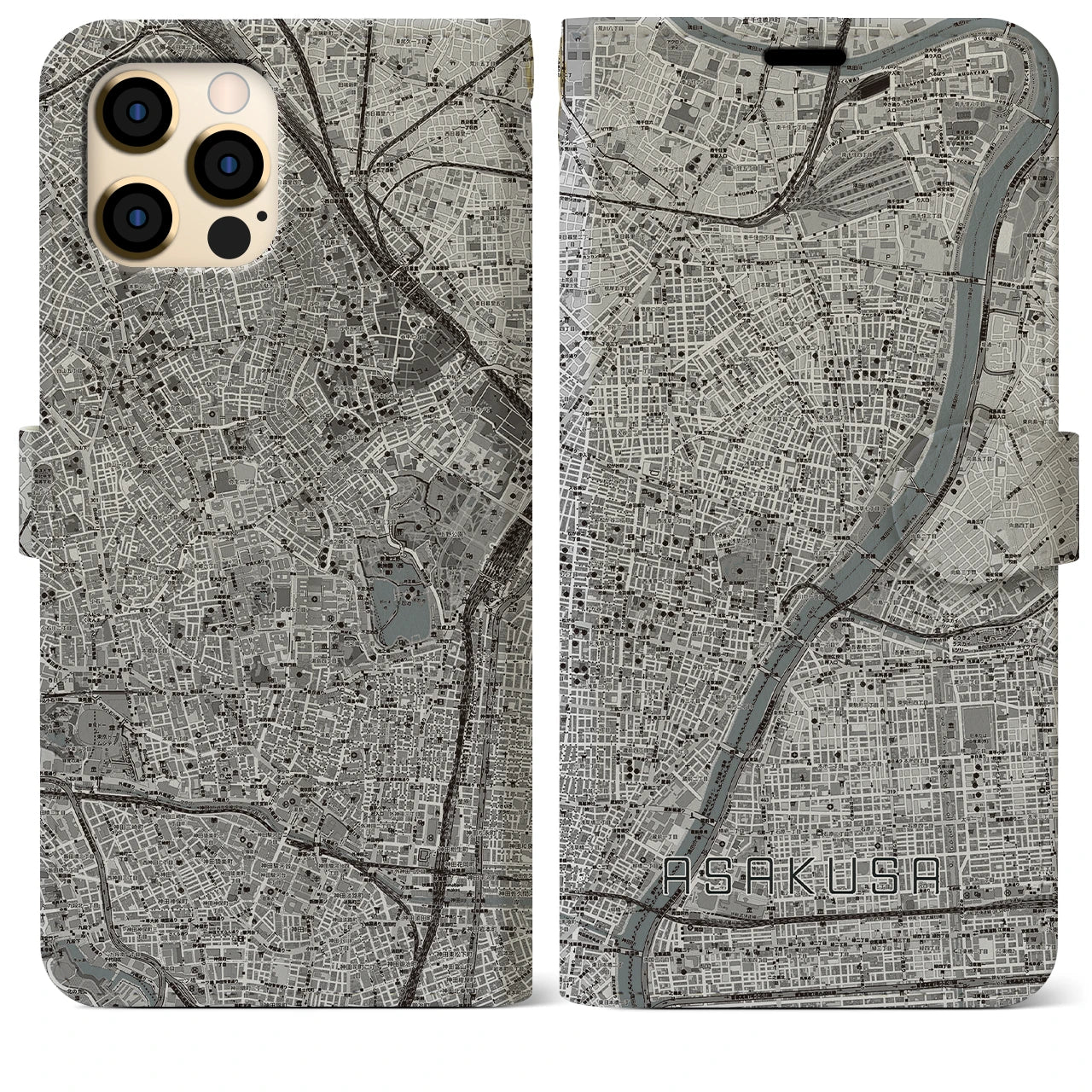 【浅草(東京都)】地図柄iPhoneケース(手帳タイプ)モノトーン・iPhone 12 Pro Max 用