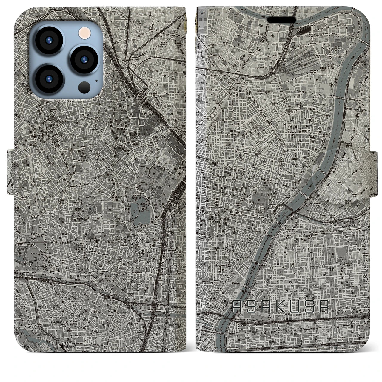 【浅草(東京都)】地図柄iPhoneケース(手帳タイプ)モノトーン・iPhone 13 Pro Max 用
