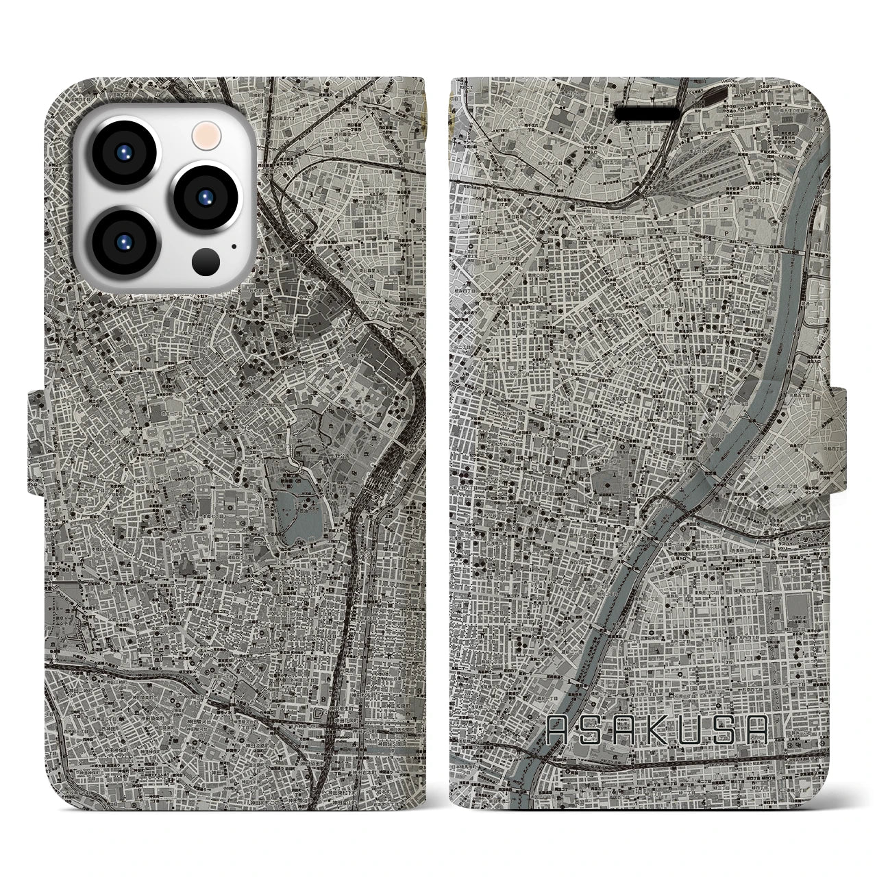 【浅草(東京都)】地図柄iPhoneケース(手帳タイプ)モノトーン・iPhone 13 Pro 用