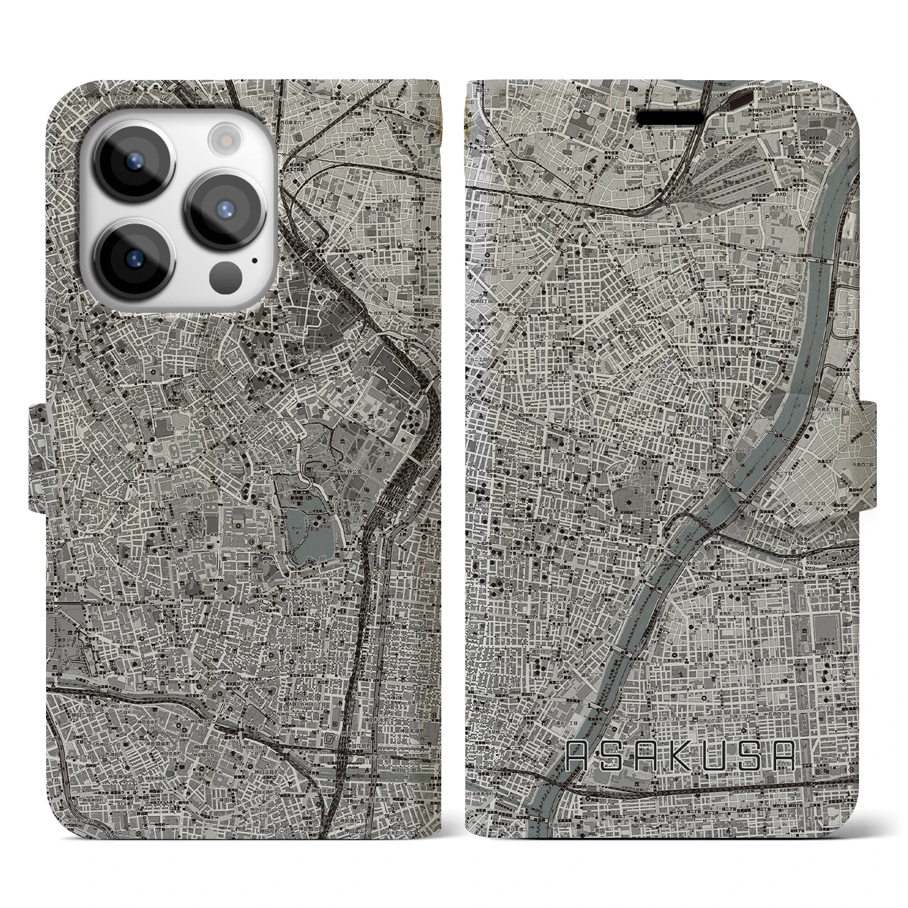 【浅草(東京都)】地図柄iPhoneケース(手帳タイプ)モノトーン・iPhone 14 Pro 用