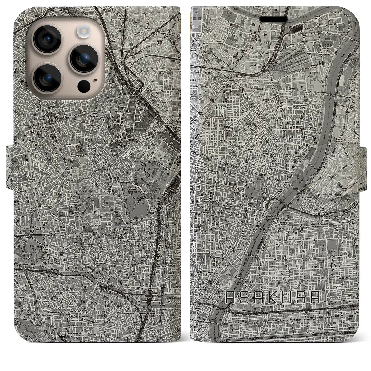 【浅草(東京都)】地図柄iPhoneケース(手帳タイプ)モノトーン・iPhone 16 Plus 用