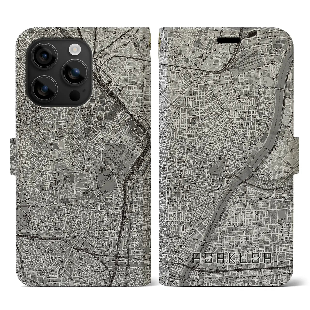 【浅草(東京都)】地図柄iPhoneケース(手帳タイプ)モノトーン・iPhone 16 用