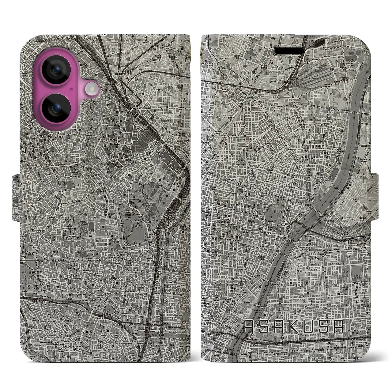 【浅草(東京都)】地図柄iPhoneケース(手帳タイプ)モノトーン・iPhone 16 Pro 用