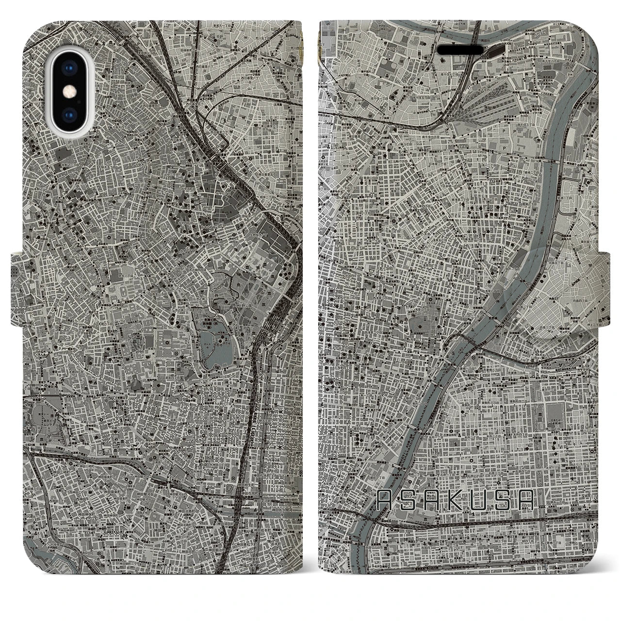 【浅草(東京都)】地図柄iPhoneケース(手帳タイプ)モノトーン・iPhone XS Max 用