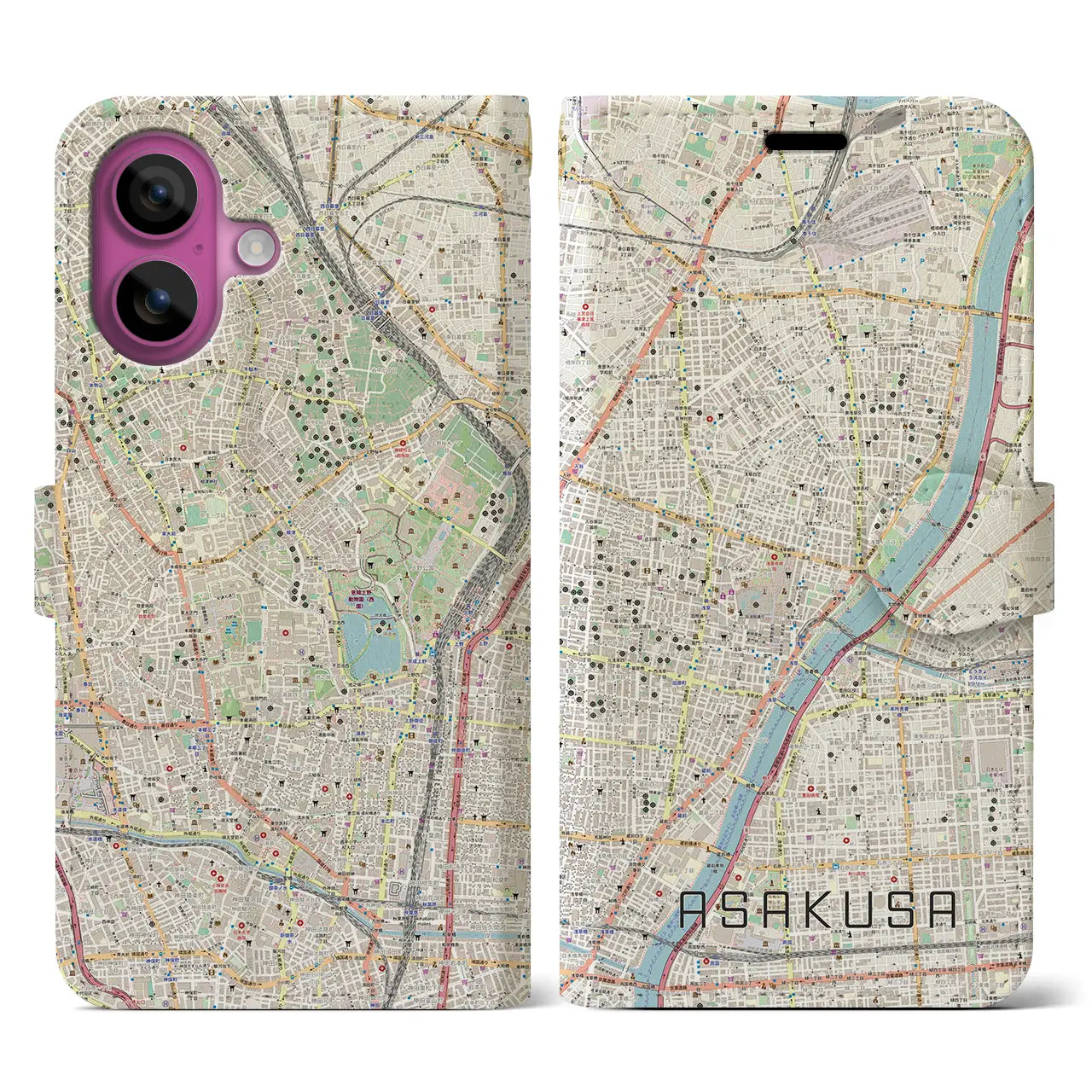 【浅草(東京都)】地図柄iPhoneケース(手帳タイプ)ナチュラル・iPhone 16 Pro 用