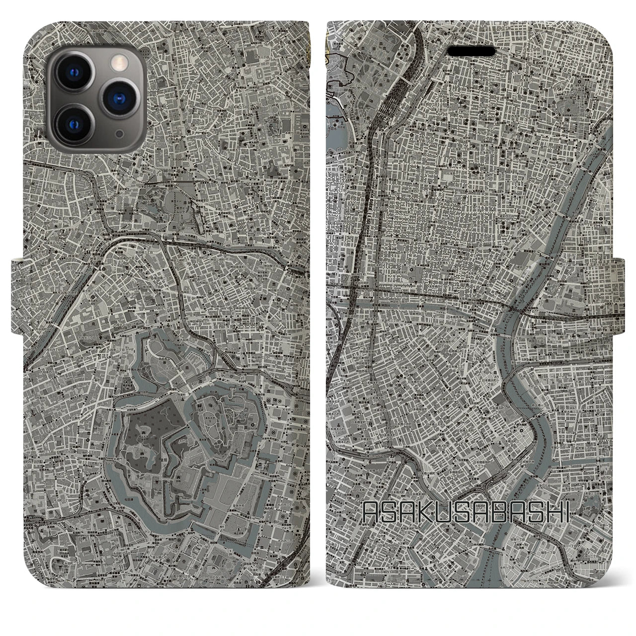 【浅草橋(東京都)】地図柄iPhoneケース(手帳タイプ)モノトーン・iPhone 11 Pro Max 用