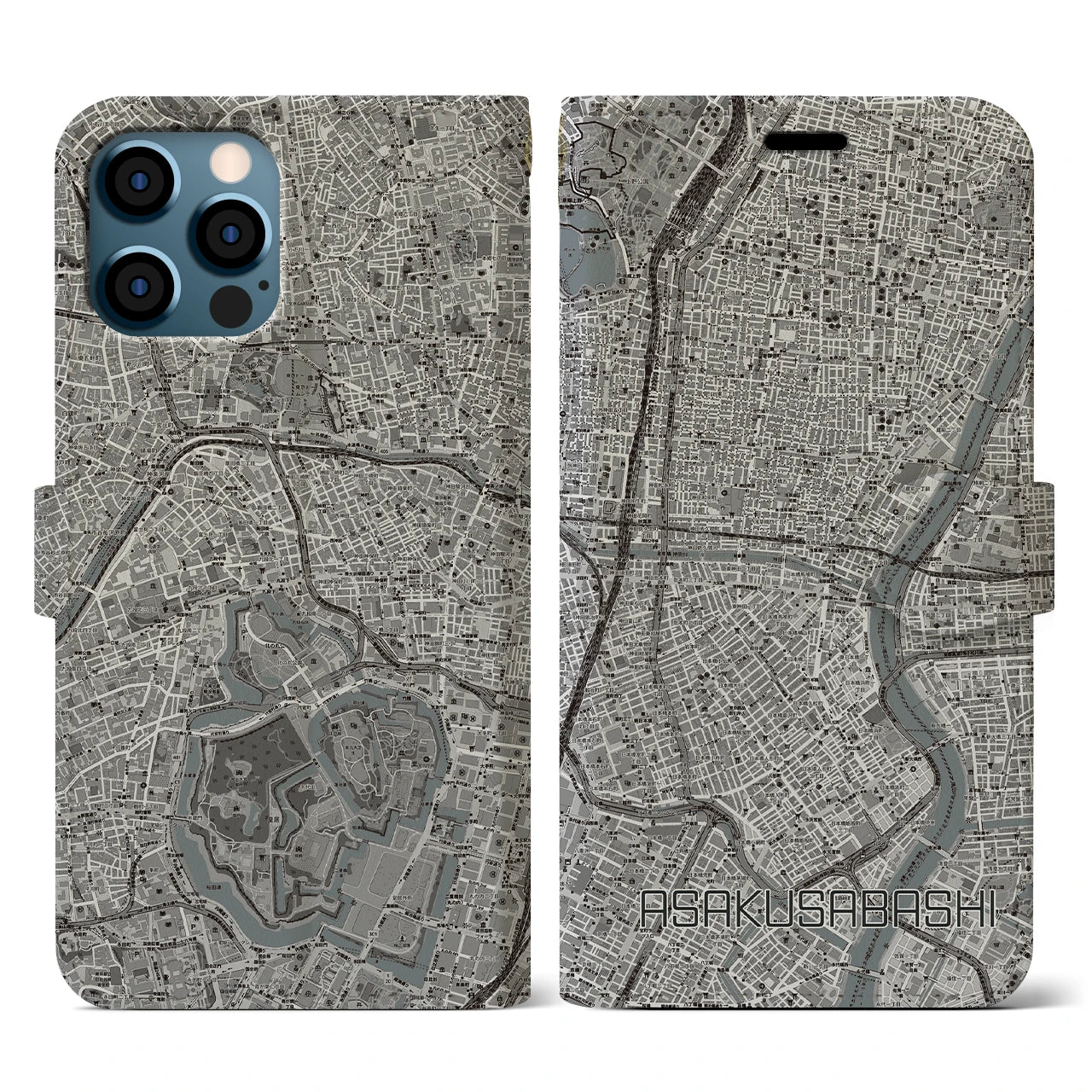 【浅草橋(東京都)】地図柄iPhoneケース(手帳タイプ)モノトーン・iPhone 12 / 12 Pro 用